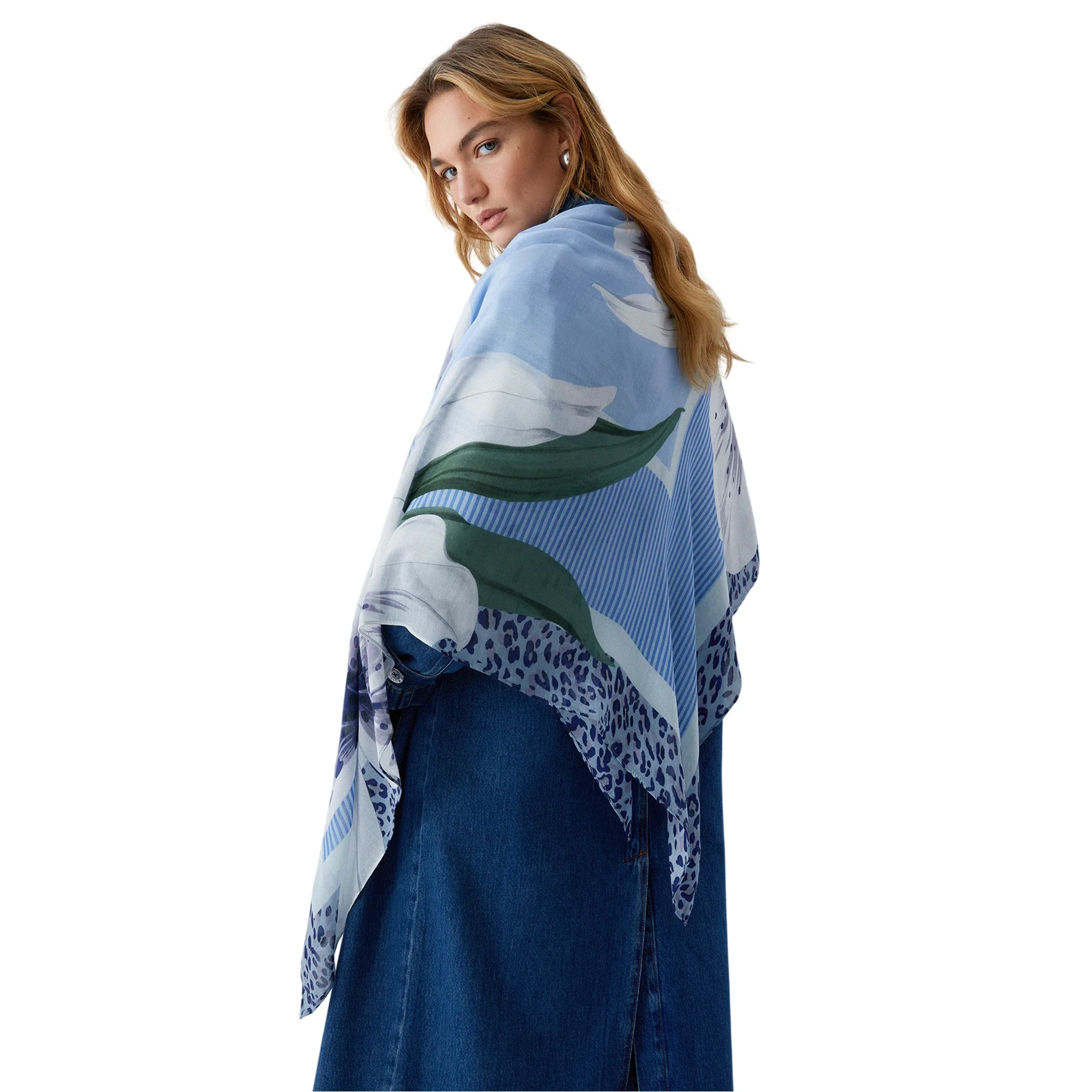 Foulard Donna con bordi animalier Blu - Image 5