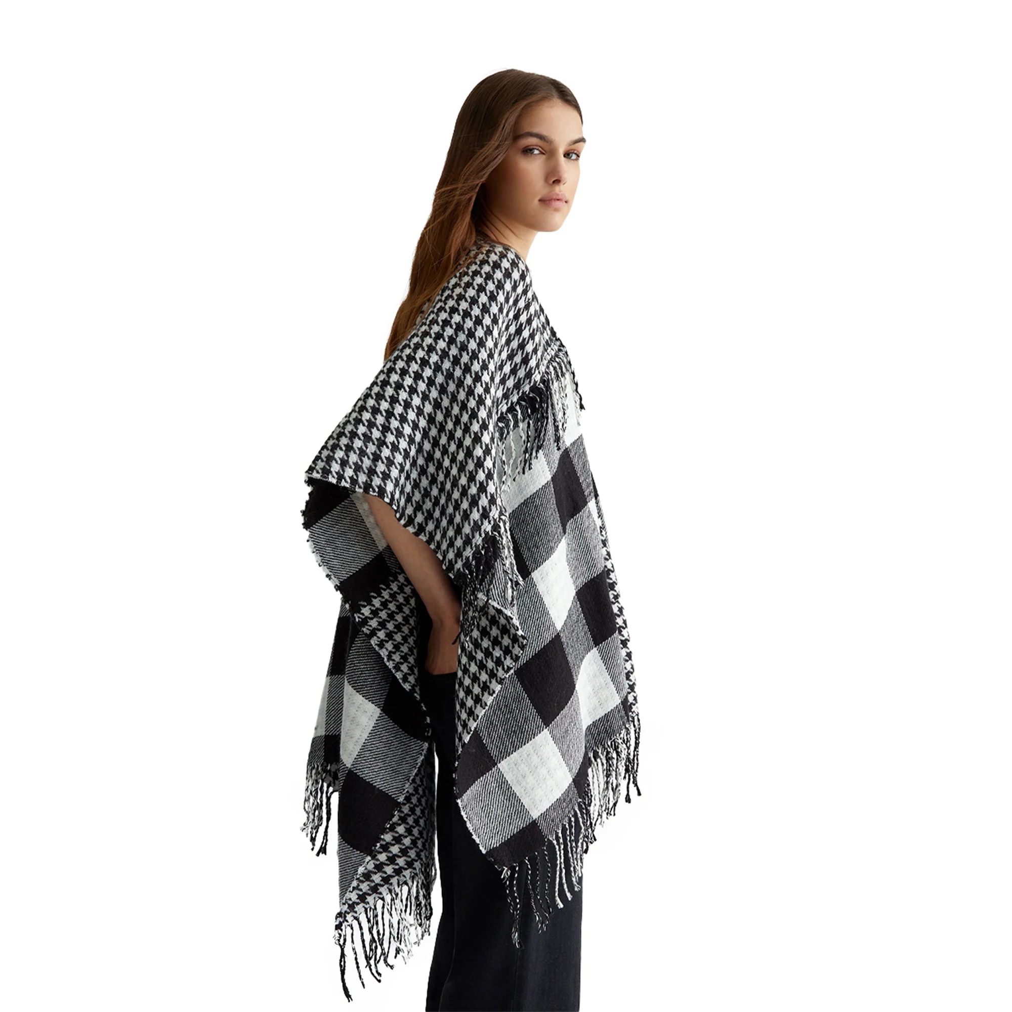 Poncho Donna con frange Bianco/Nero - Image 2