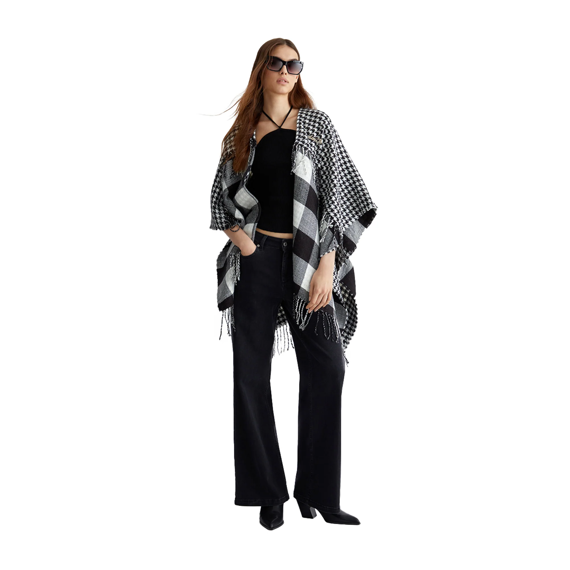 Poncho Donna con frange Bianco/Nero - Image 3