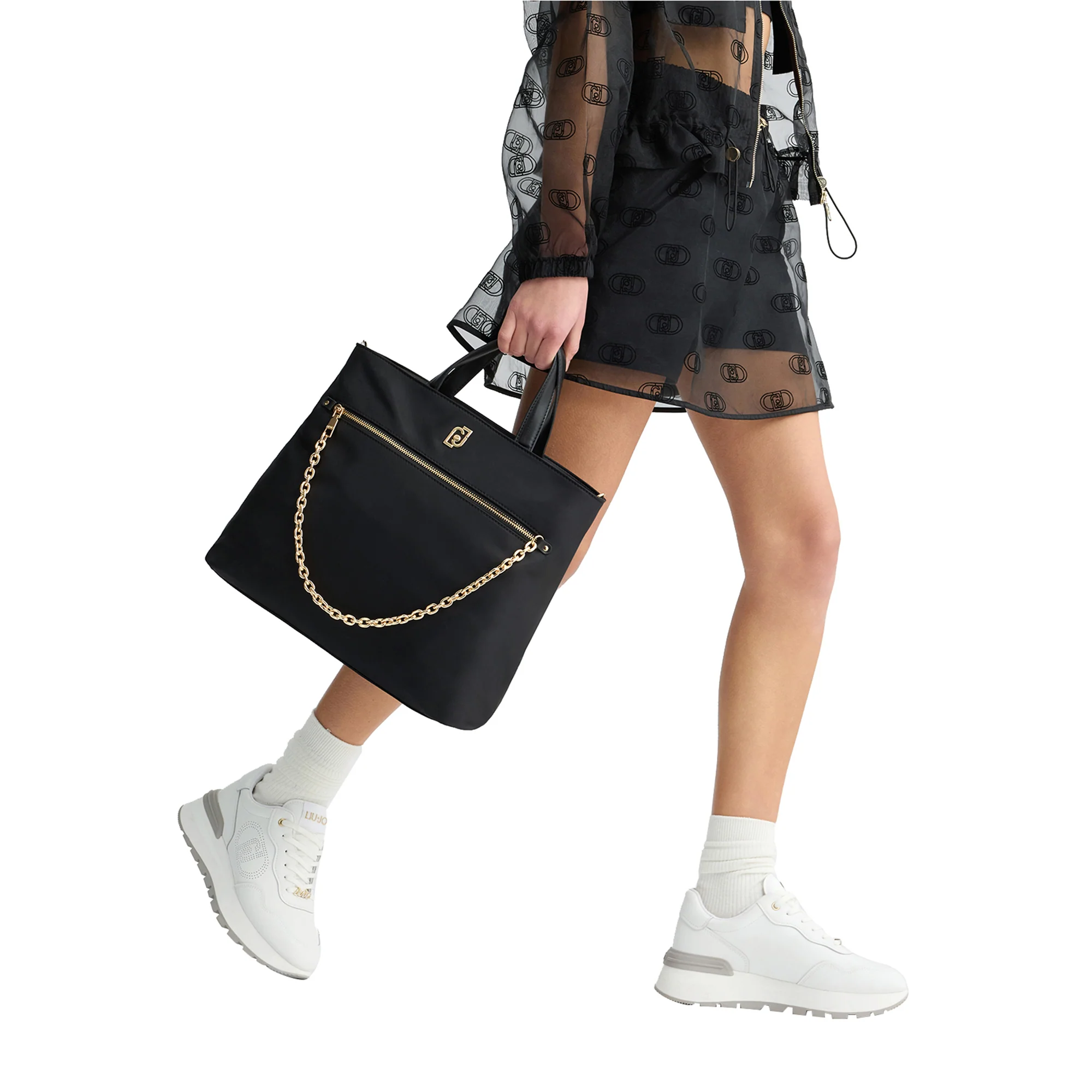 Borsa Donna a mano in nylon con catena Nero - Image 4