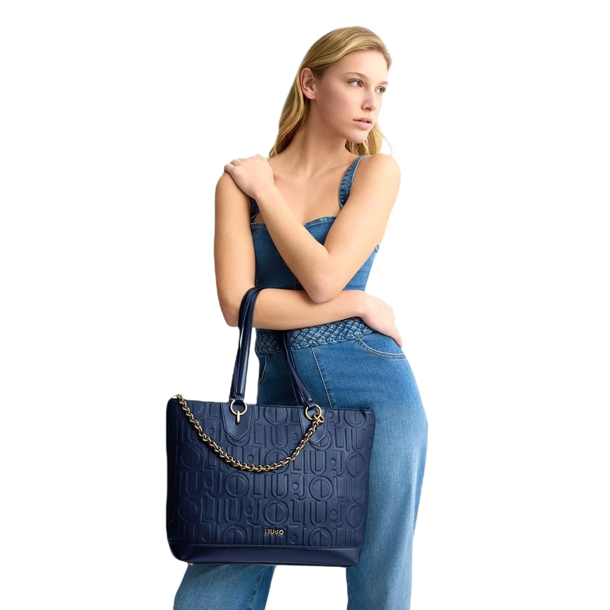 Borsa tote media Blu da donna con catena decorativa - Image 3