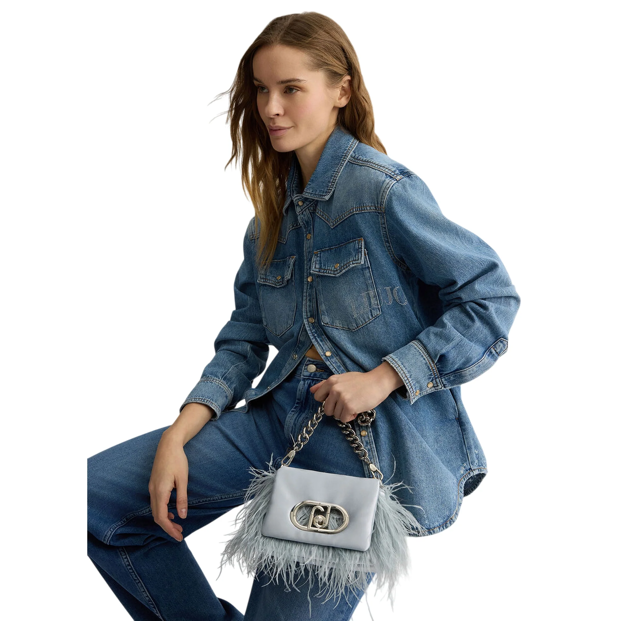 Borsa piccola a spalla LaPuffy con piume Celeste - Image 4