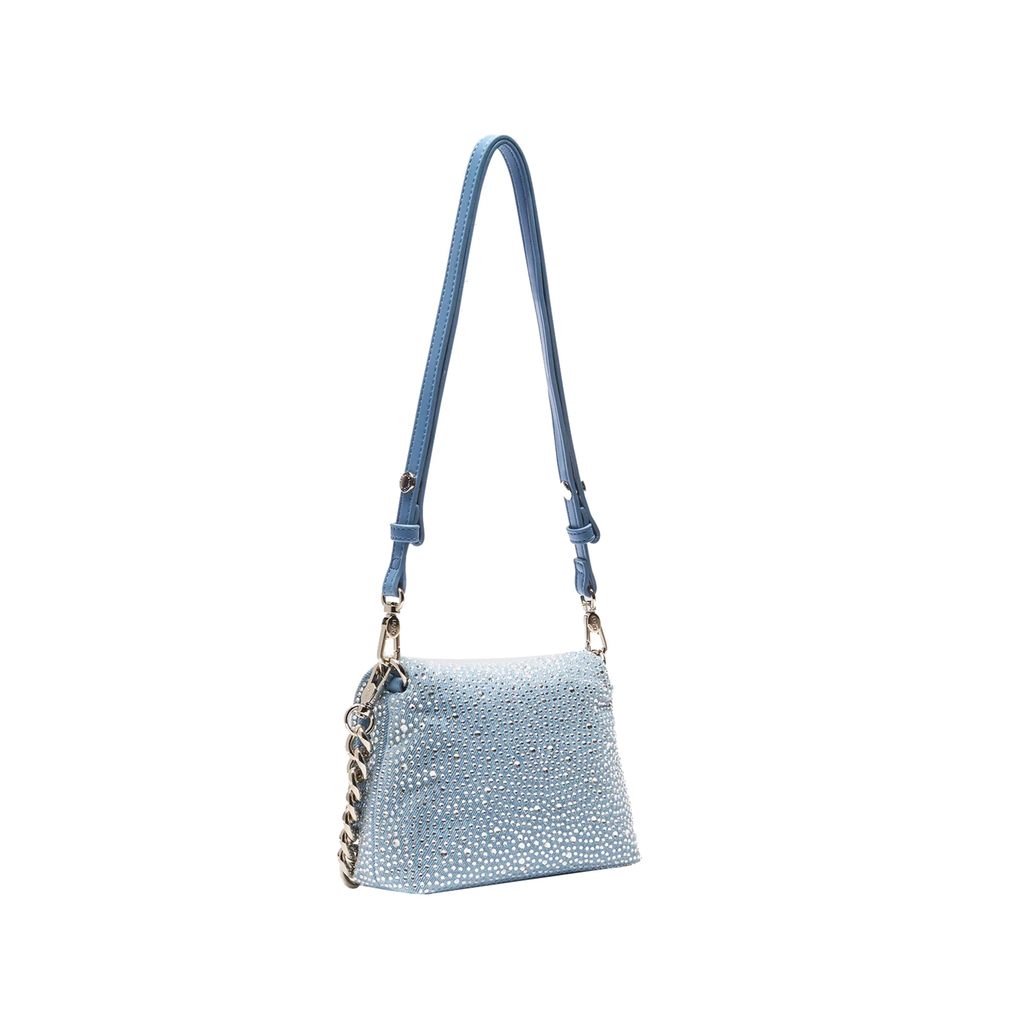 Borsa piccola a spalla LaPuffy in denim con strass - Image 2