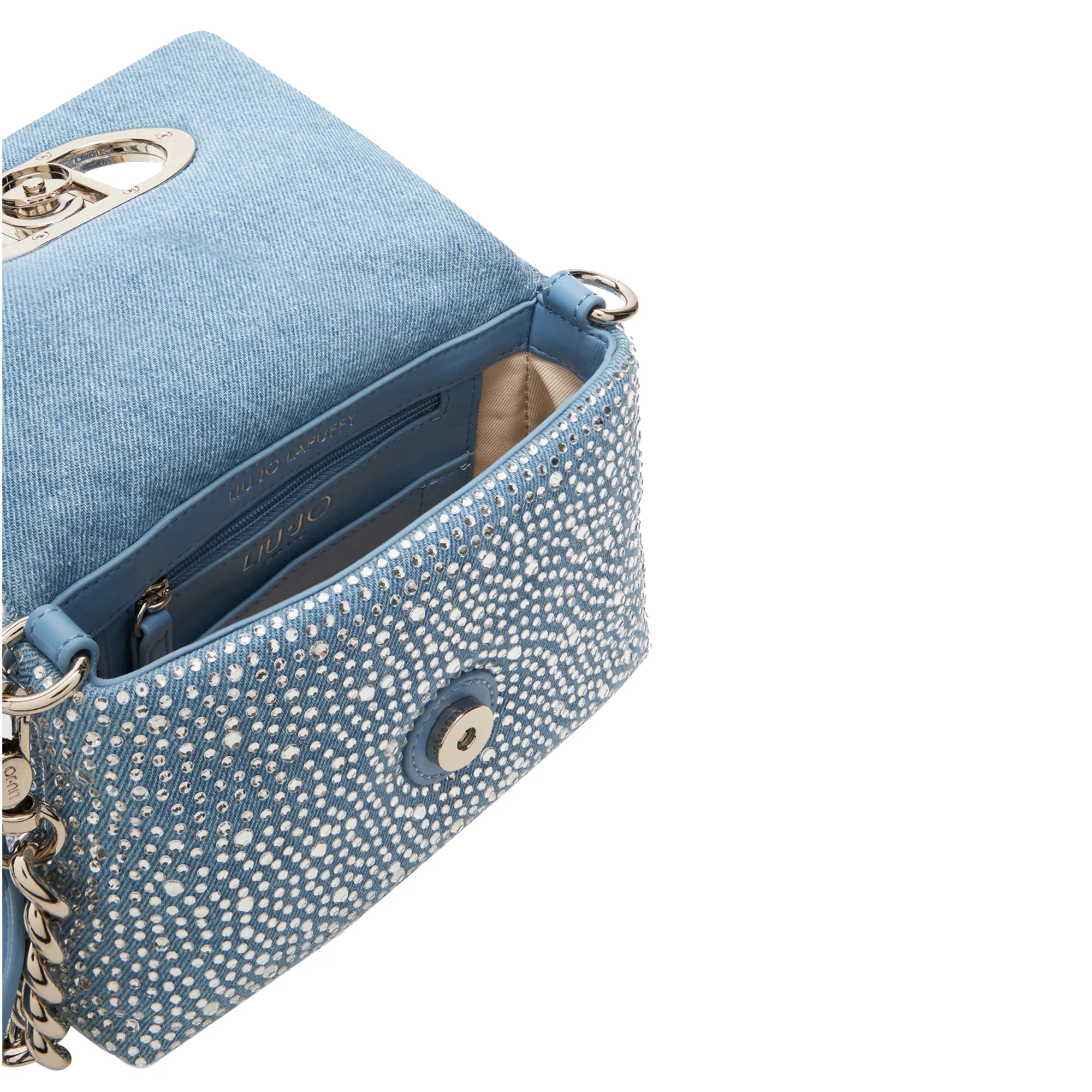 Borsa piccola a spalla LaPuffy in denim con strass - Image 3