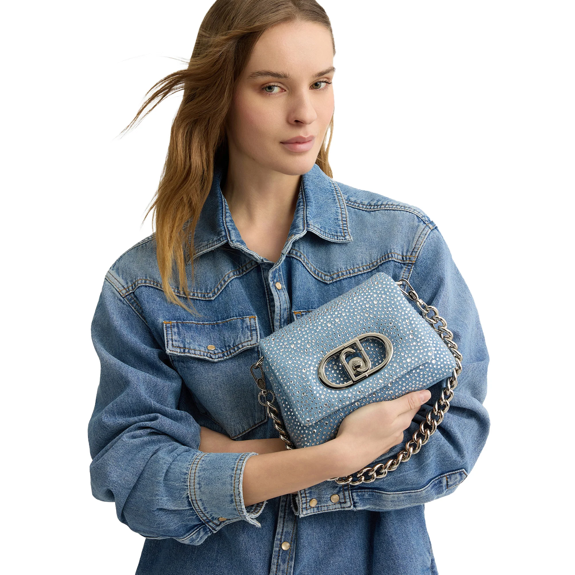 Borsa piccola a spalla LaPuffy in denim con strass - Image 4