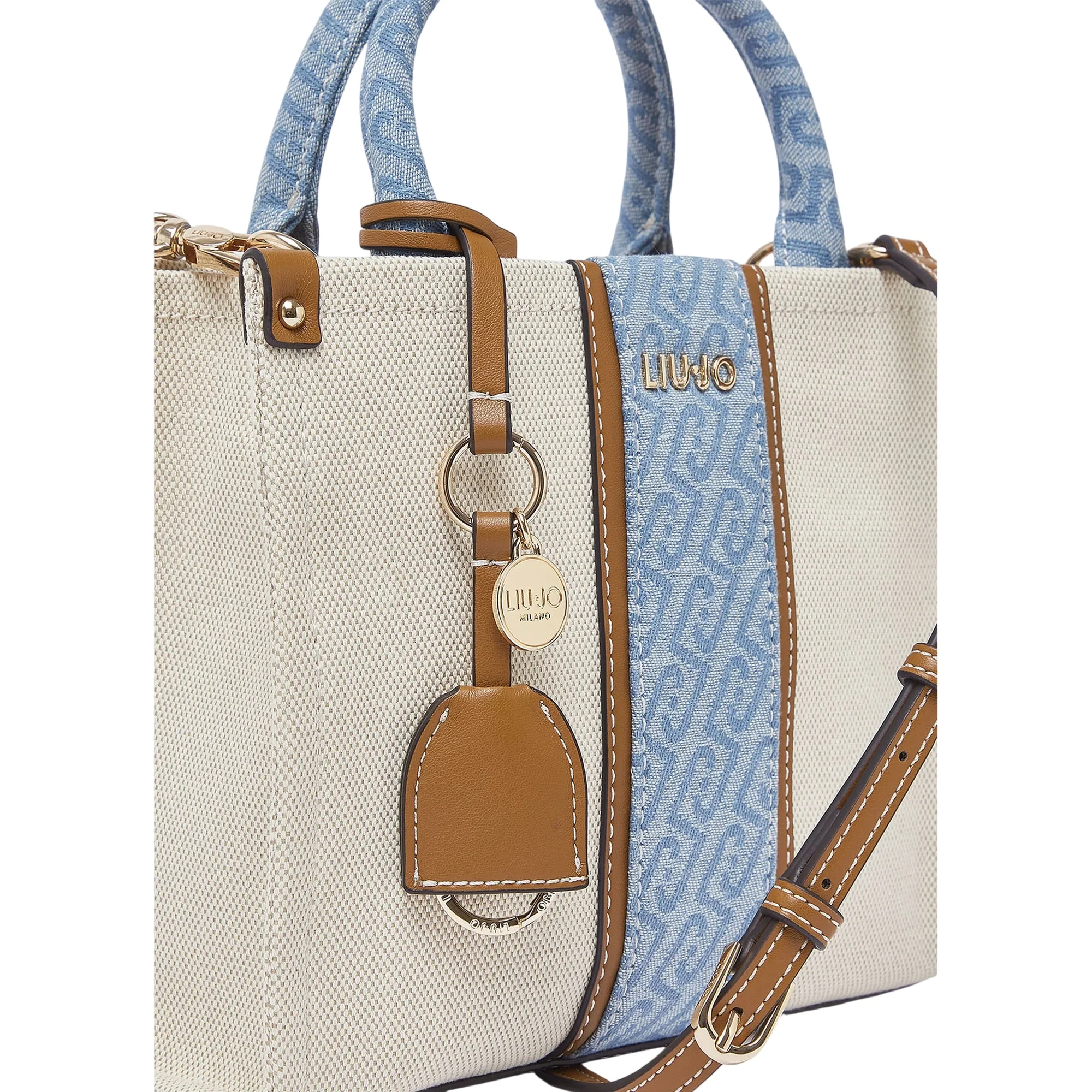 Borsa a mano beige e denim con tracolla - Image 4