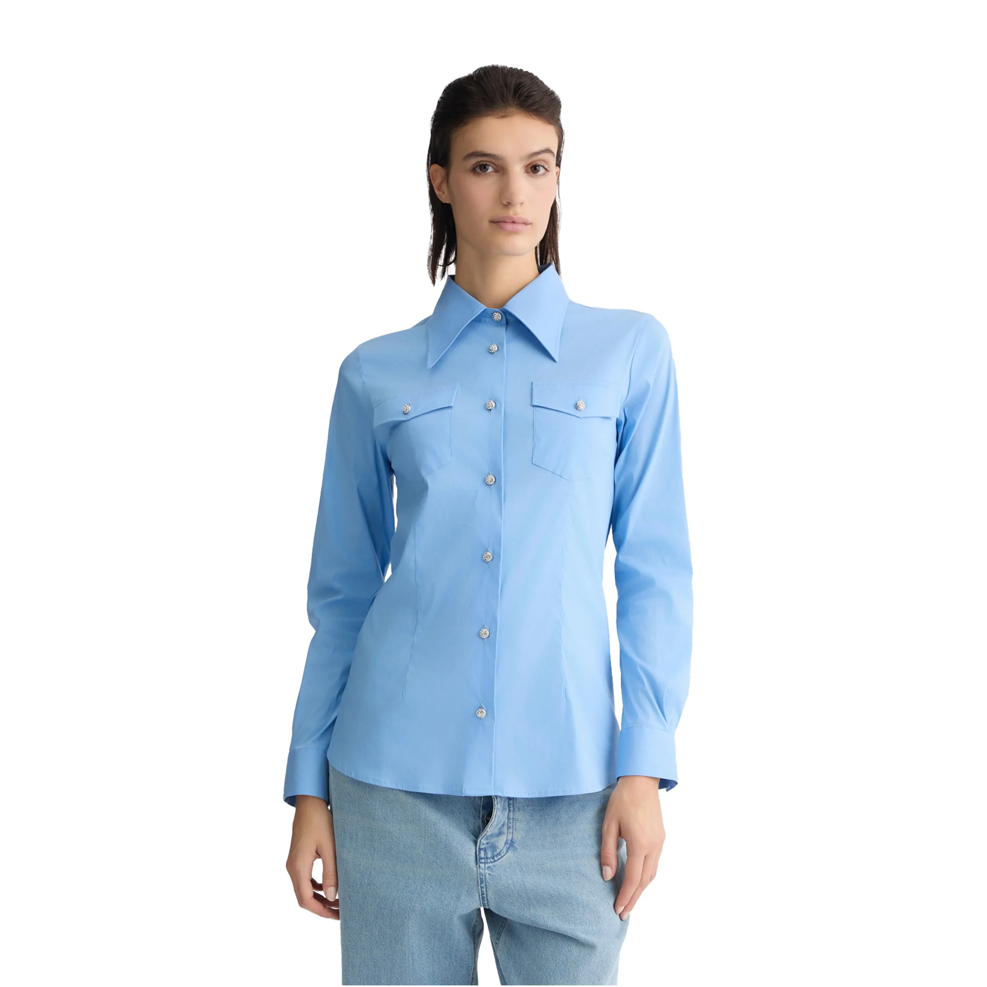 Camicia Donna celeste con bottoni gioiello - Image 2