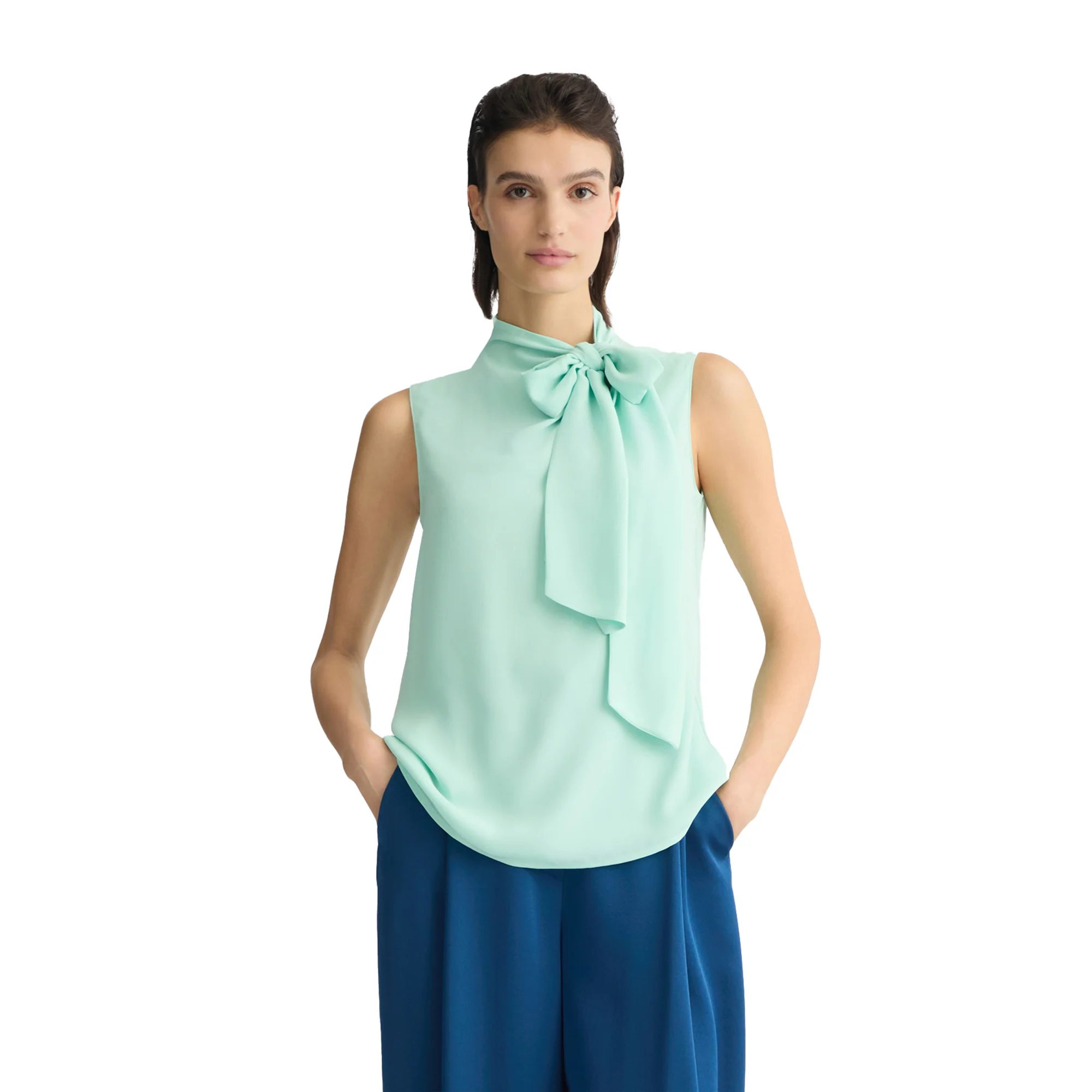 Blusa Donna smanicata con fiocco Verde acqua - Image 2