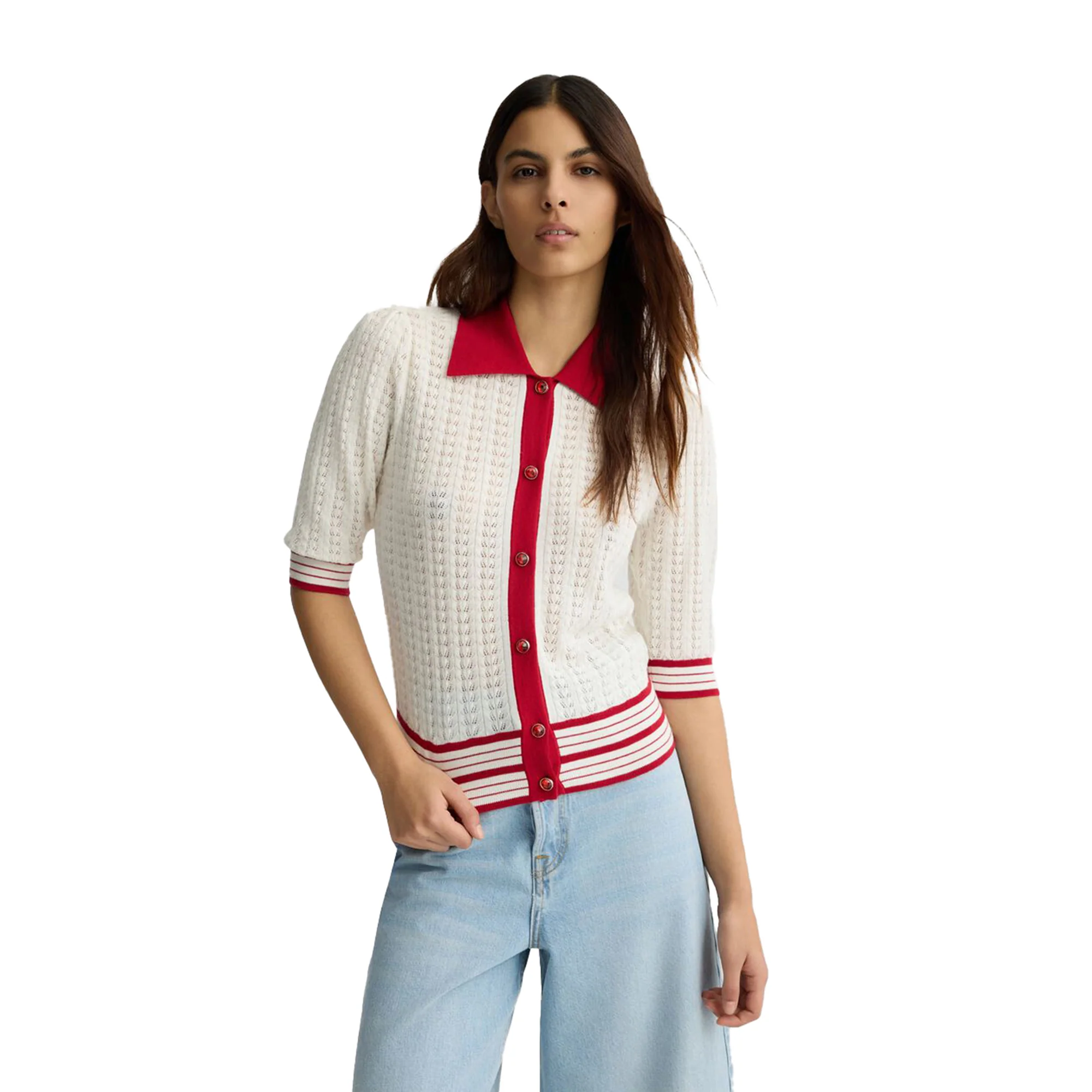 Cardigan Donna bianco e rosso in maglia - Image 2