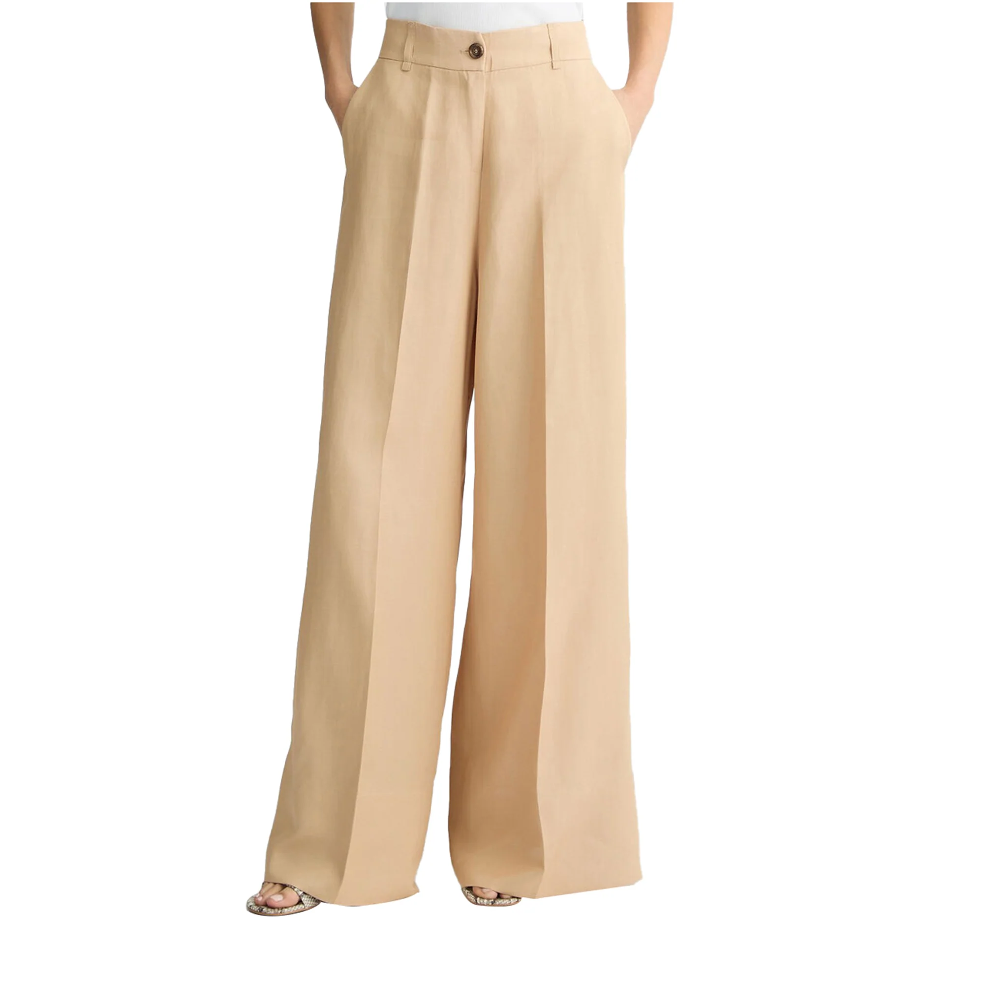 Pantaloni Donna wide leg beige con tasca applicata - Image 2