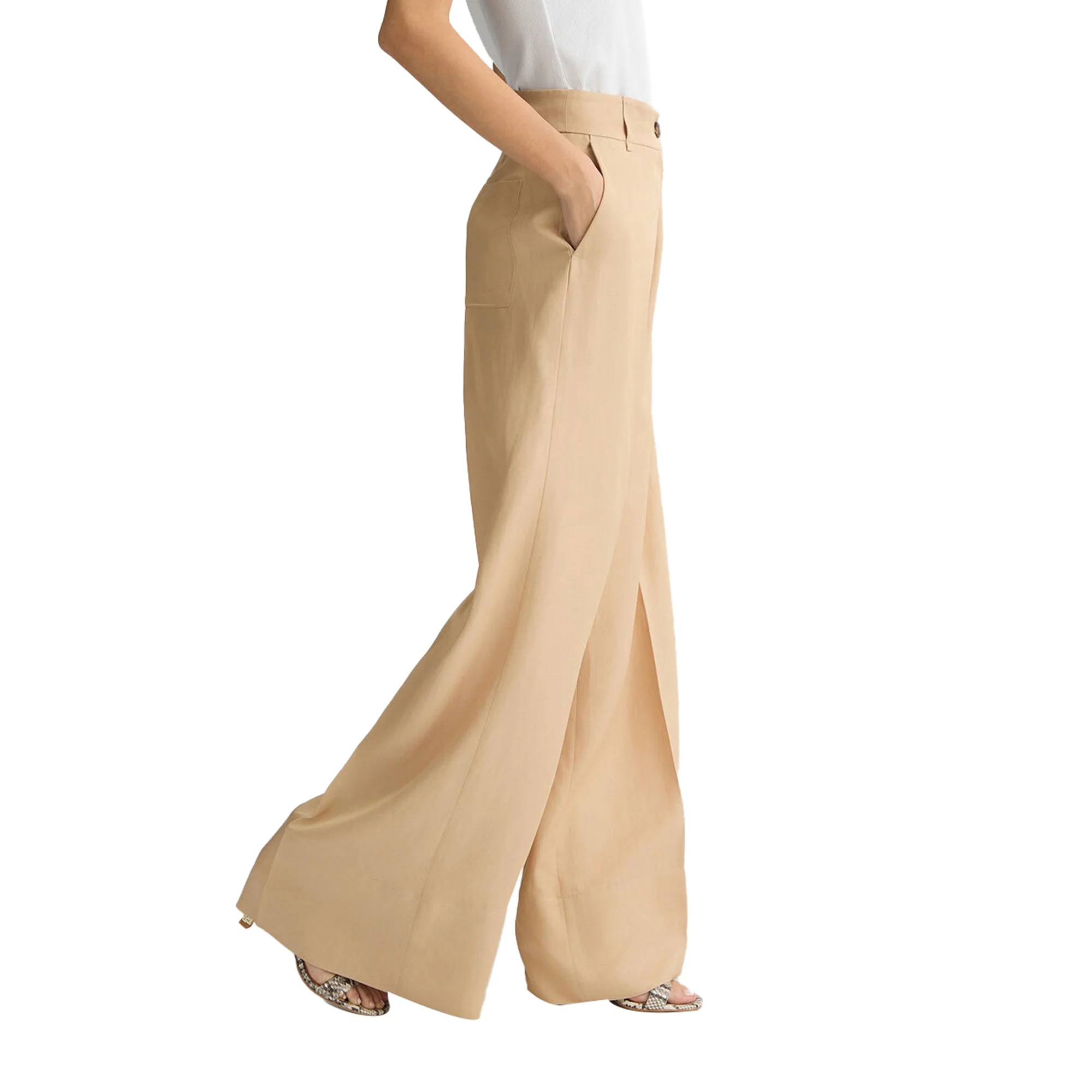 Pantaloni Donna wide leg beige con tasca applicata - Image 3