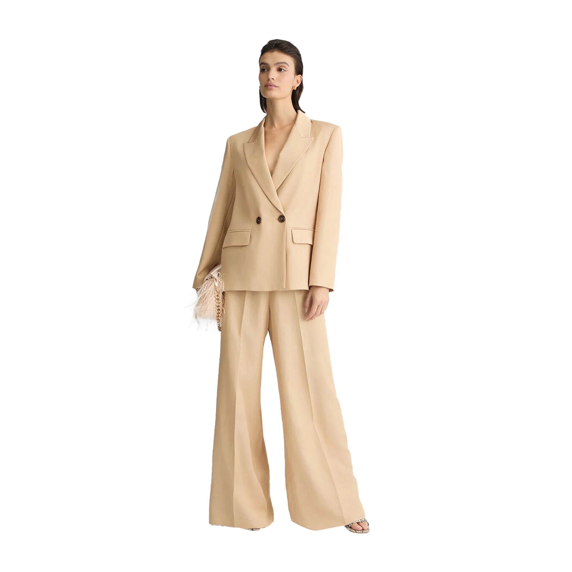 Pantaloni Donna wide leg beige con tasca applicata - Image 5