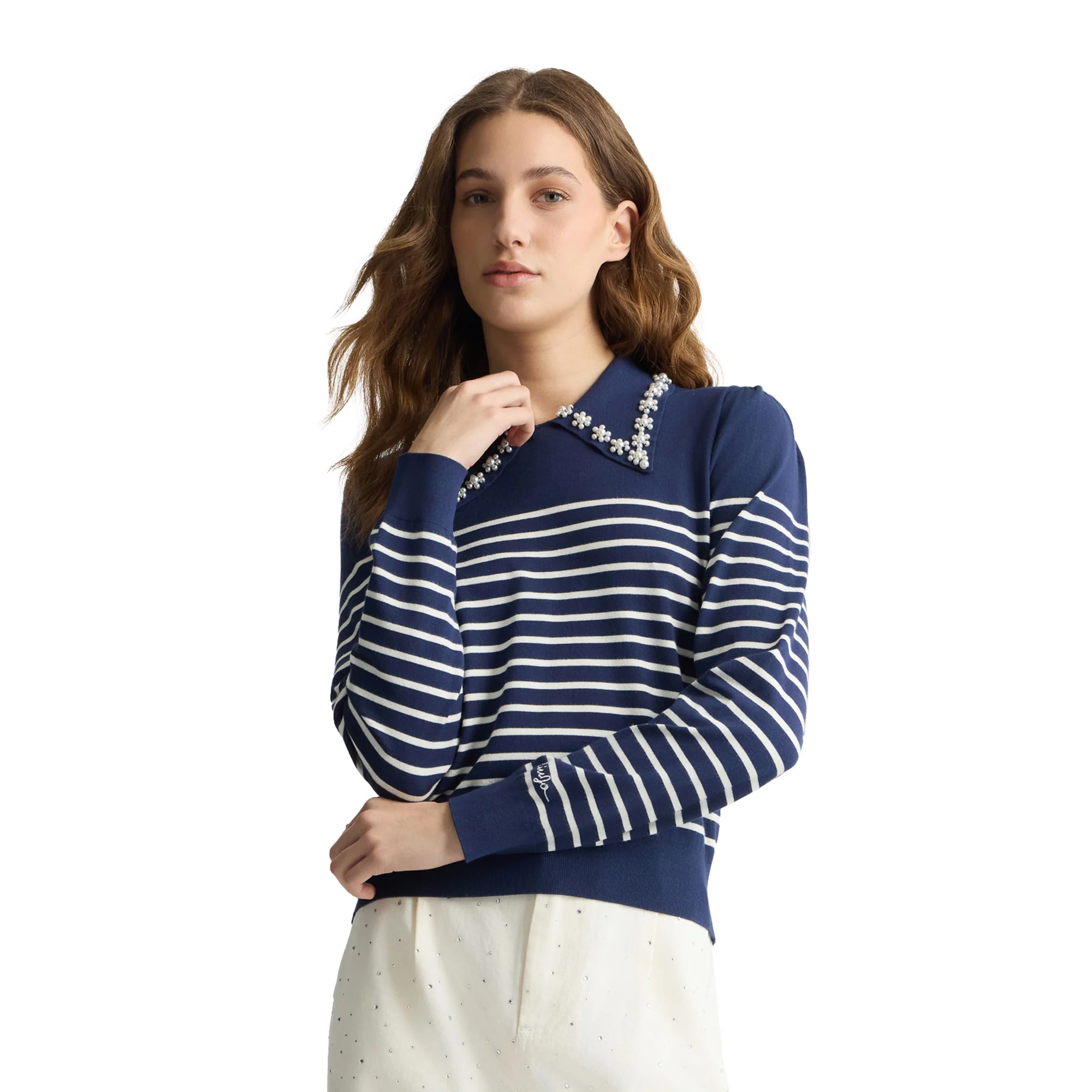 Maglia Donna a righe con colletto Blu - Image 2