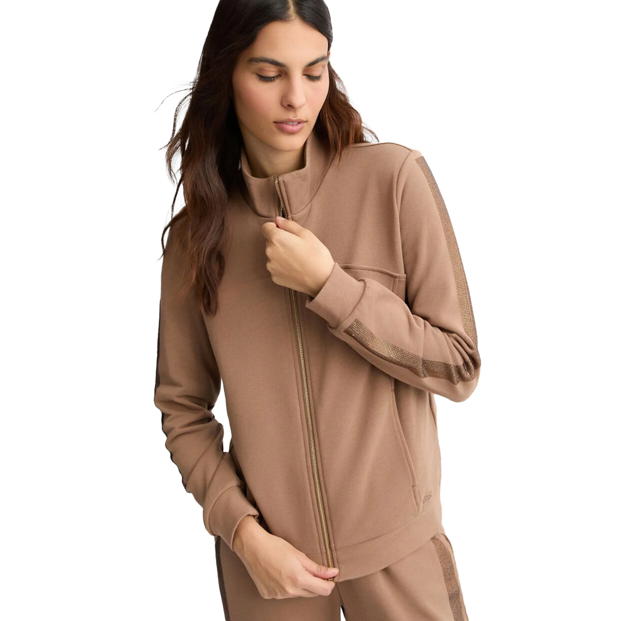 Felpa Donna con zip e strass Marrone - Image 5
