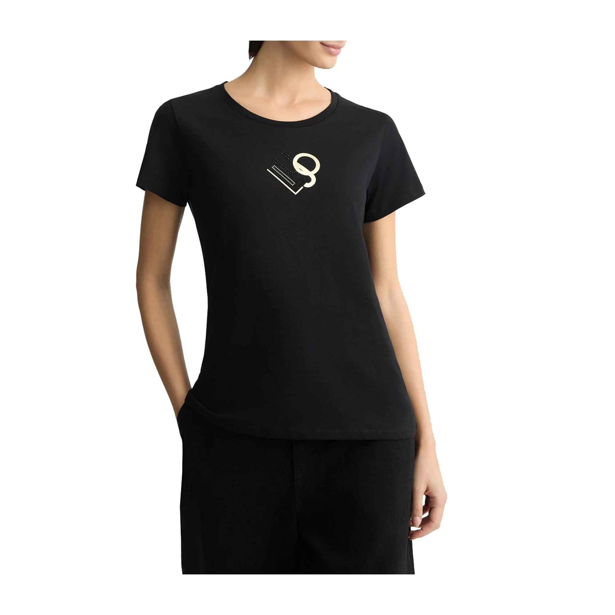 T-shirt Donna Nera stampa logo strass - Image 2