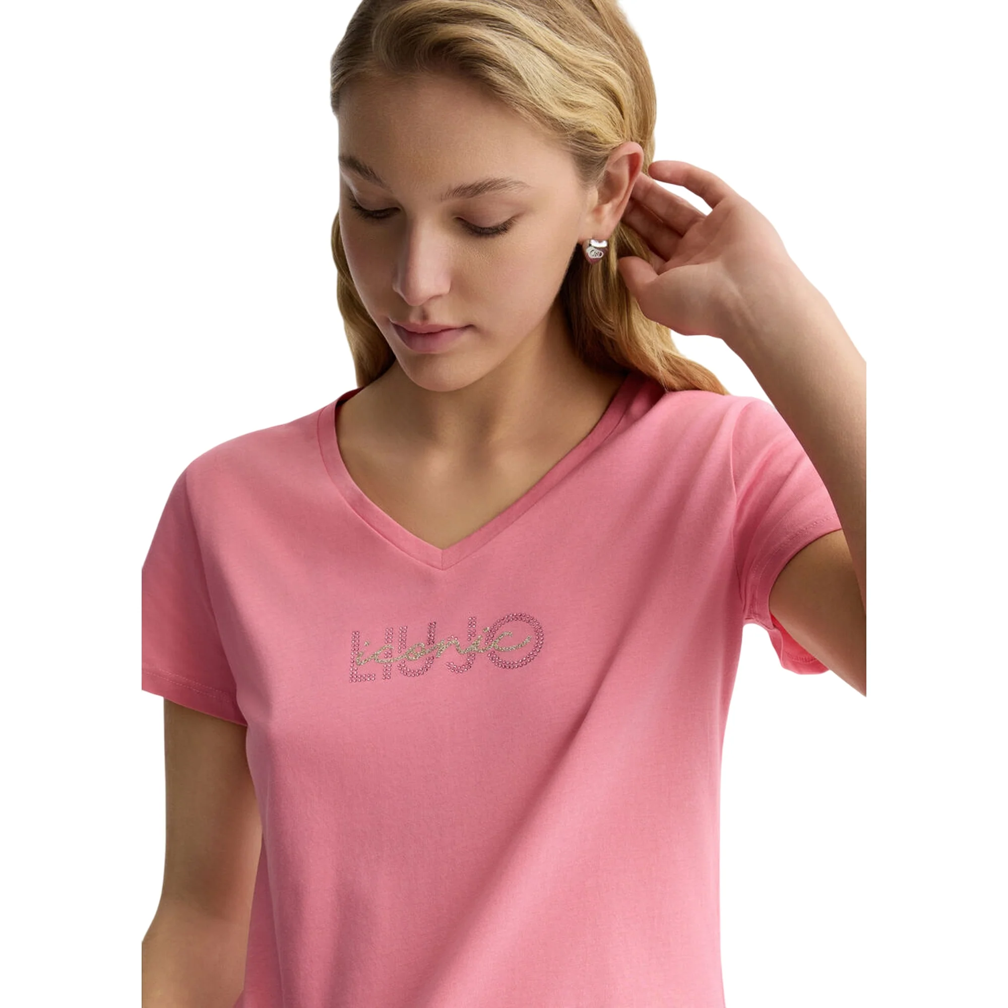 T-shirt Rosa da Donna con scollo a V e strass - Image 4