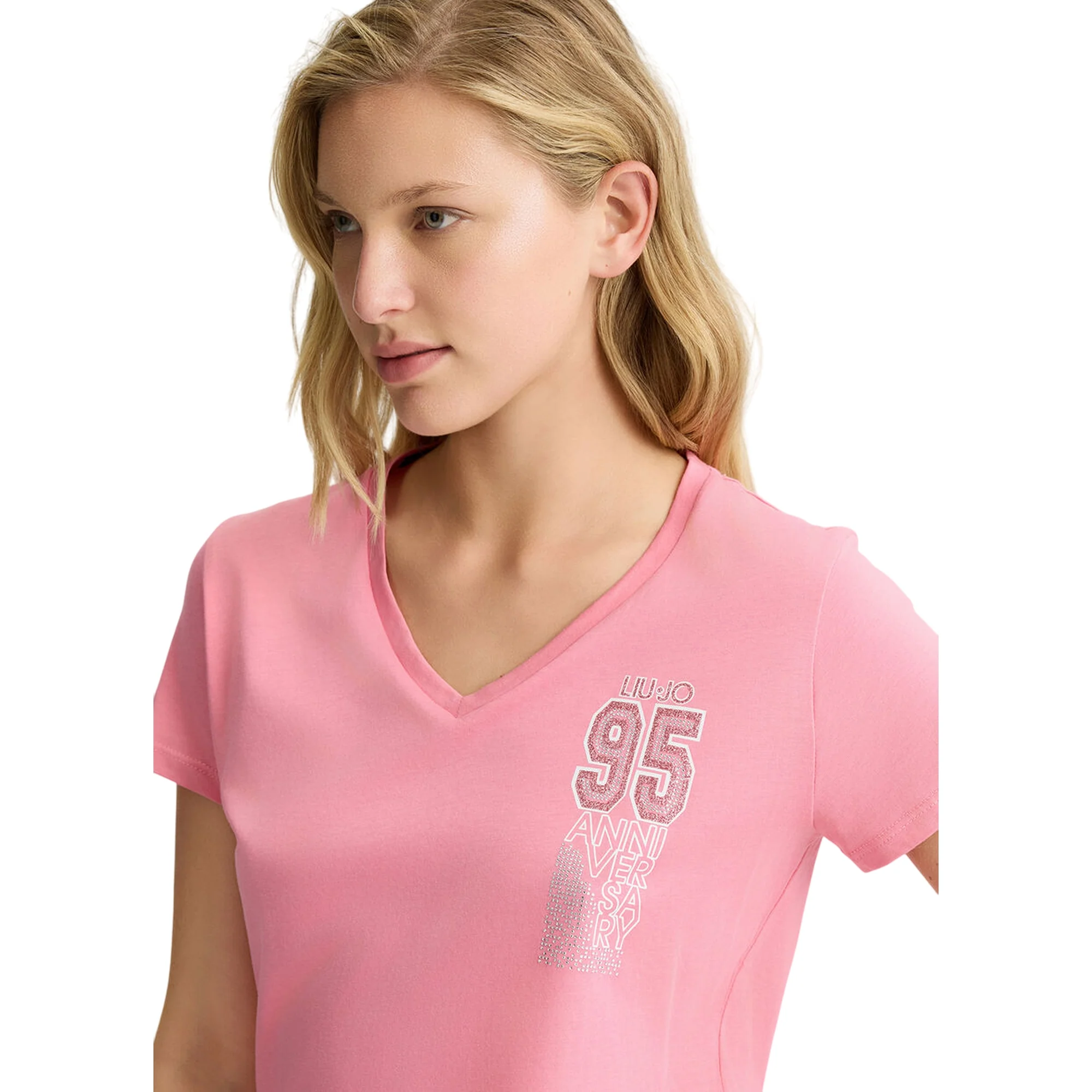 T-shirt Rosa da Donna con scollo a V e stampa - Image 3