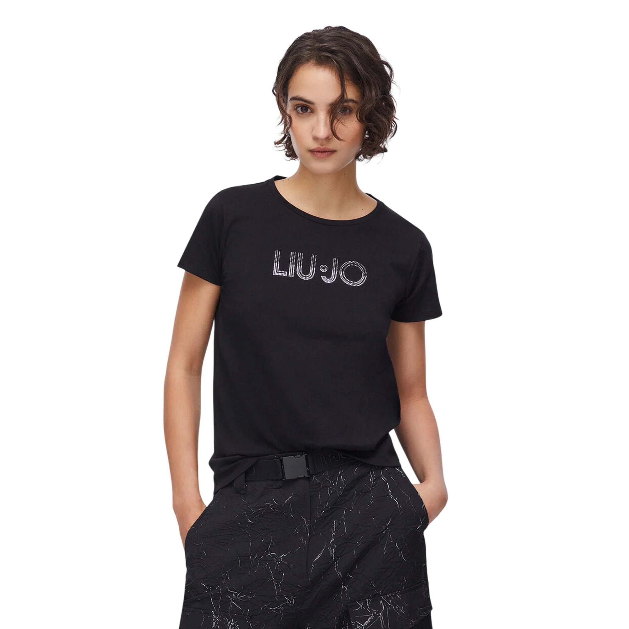 T-shirt Donna con logo lineare con strass bicolor - Image 2