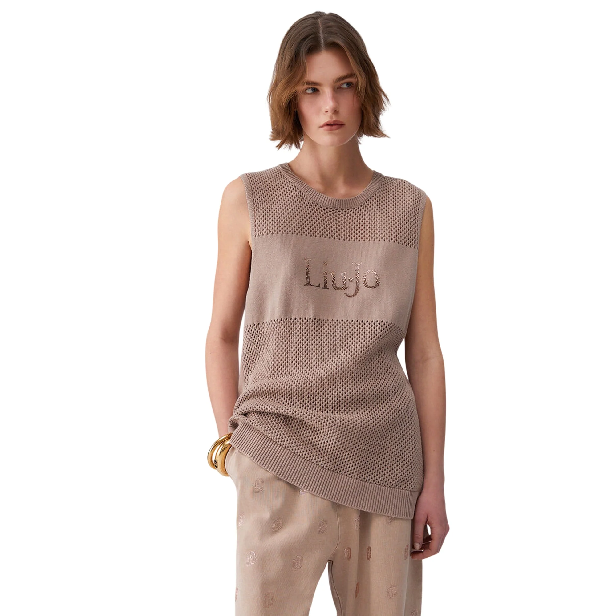 Top in maglia forata beige con logo - Image 2