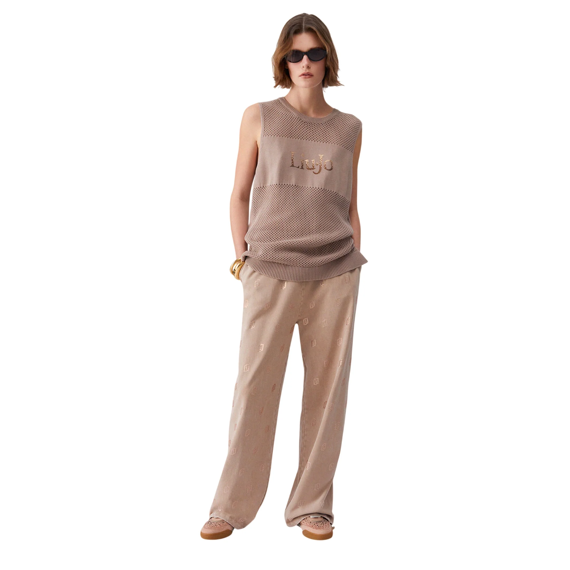 Top in maglia forata beige con logo - Image 7