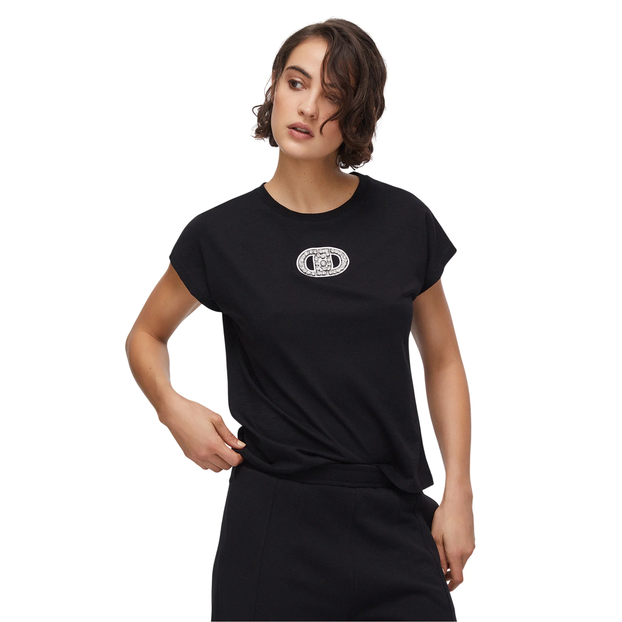 T-shirt da Donna nera con dettagli gioiello - Image 2