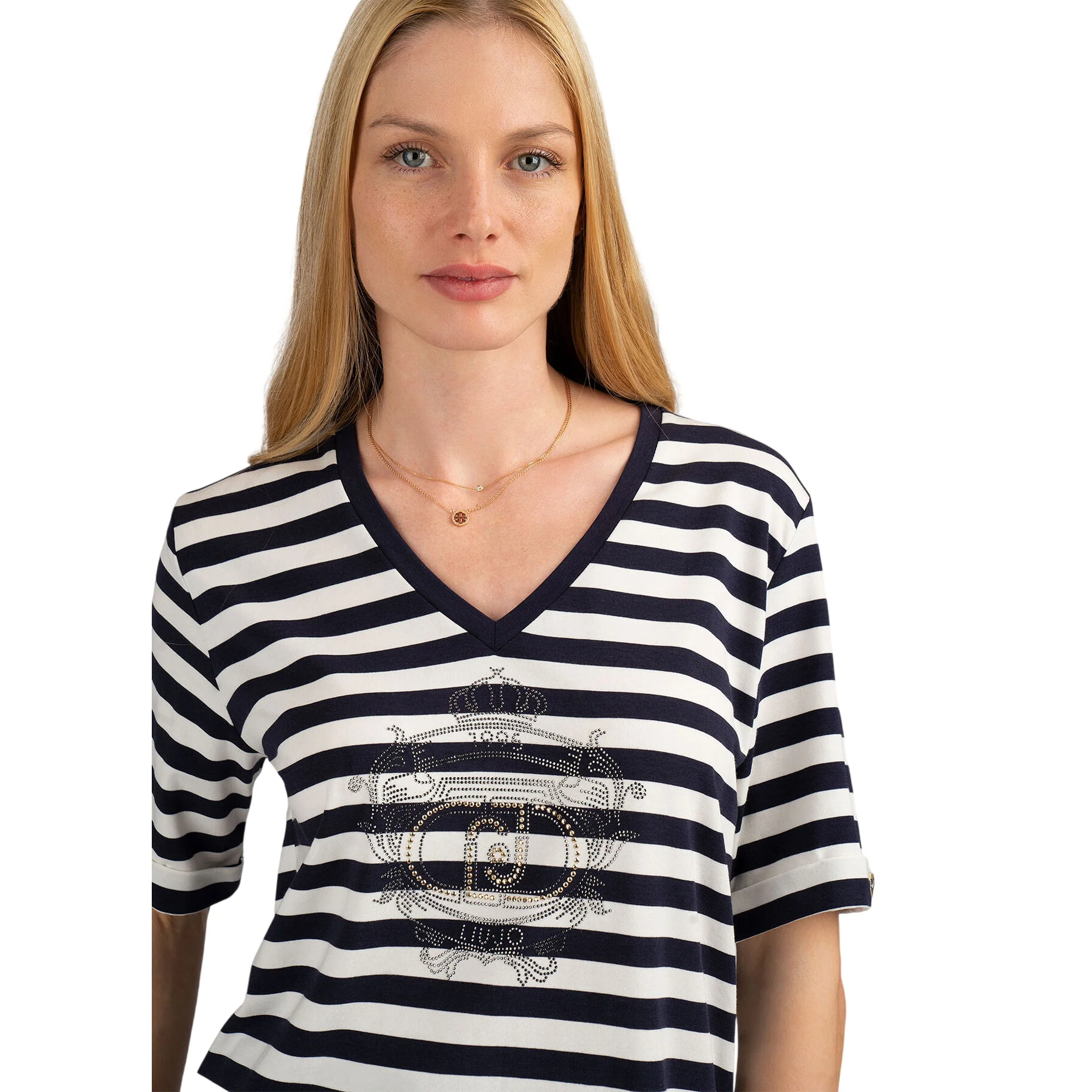 T-shirt a righe blu e bianche con scollo a V - Image 2
