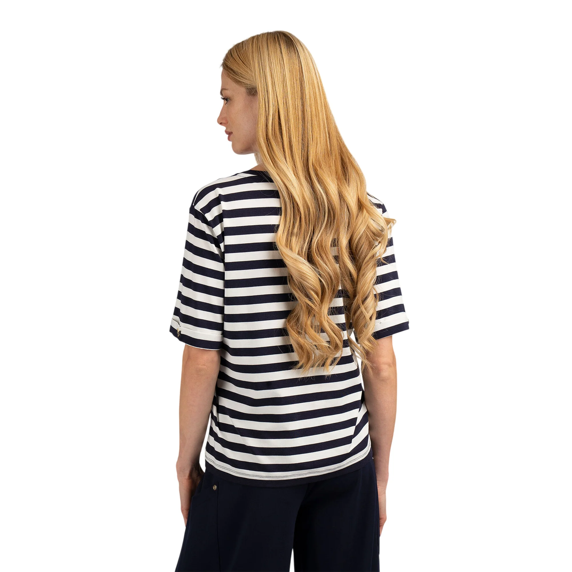 T-shirt a righe blu e bianche con scollo a V - Image 3