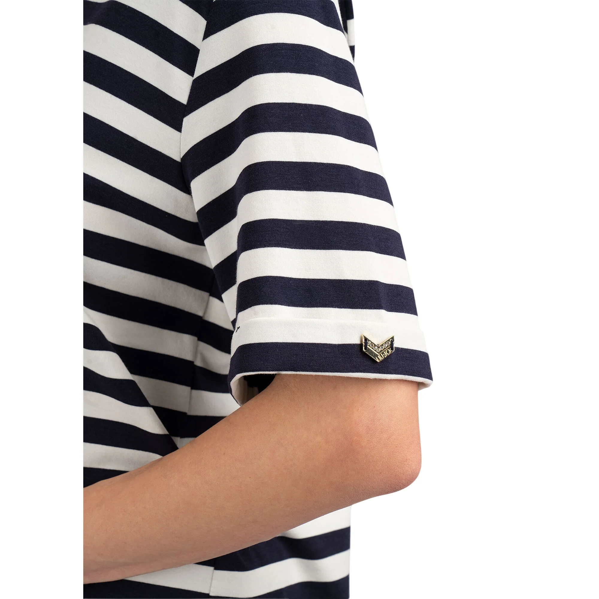 T-shirt a righe blu e bianche con scollo a V - Image 4