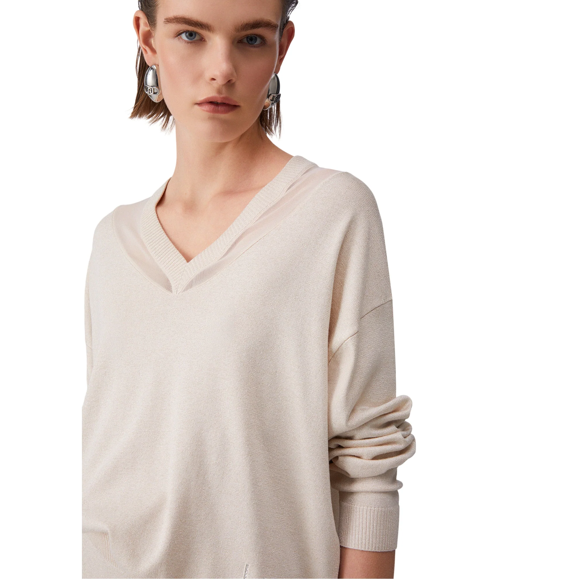 Maglia da Donna chamapgne con scollo a V a maniche lunghe - Image 3