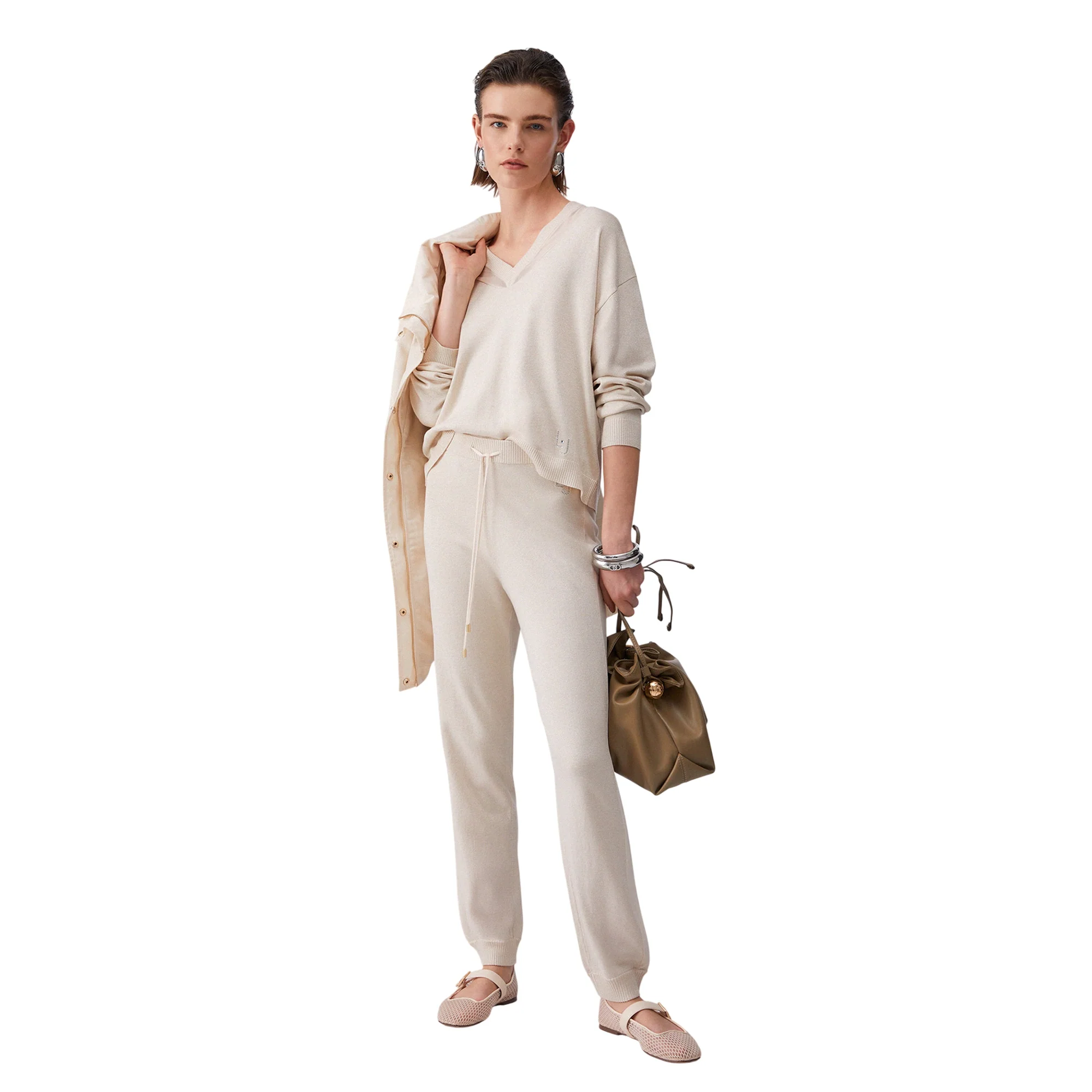 Maglia da Donna chamapgne con scollo a V a maniche lunghe - Image 4