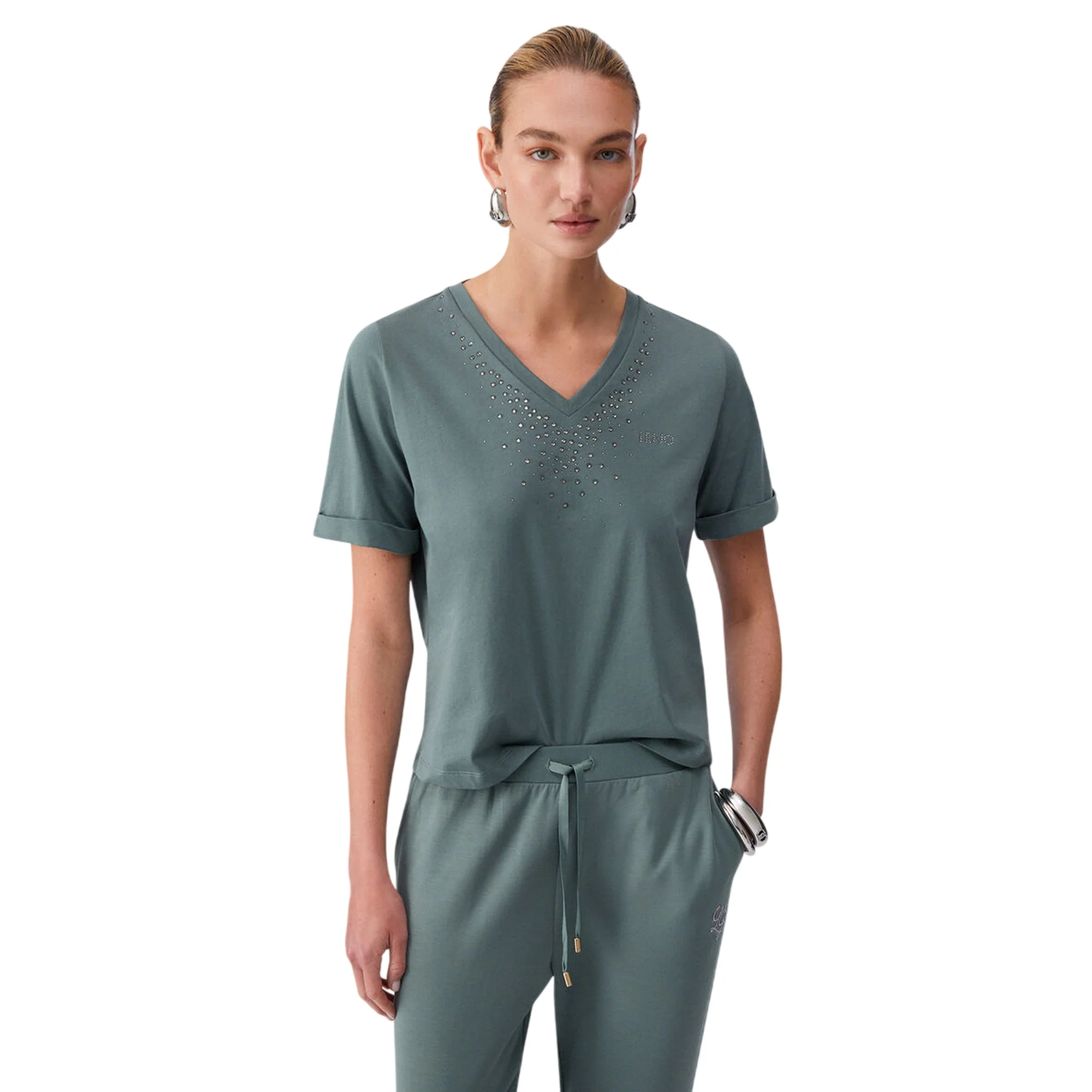 T-shirt verde militare scollo a V con strass - Image 2