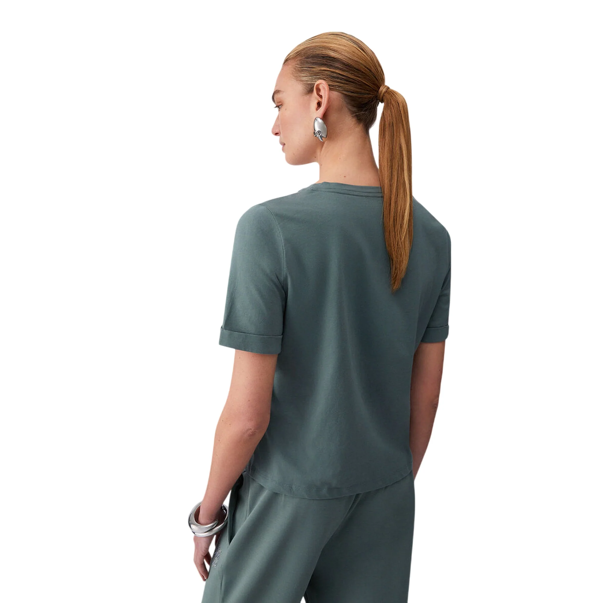 T-shirt verde militare scollo a V con strass - Image 3