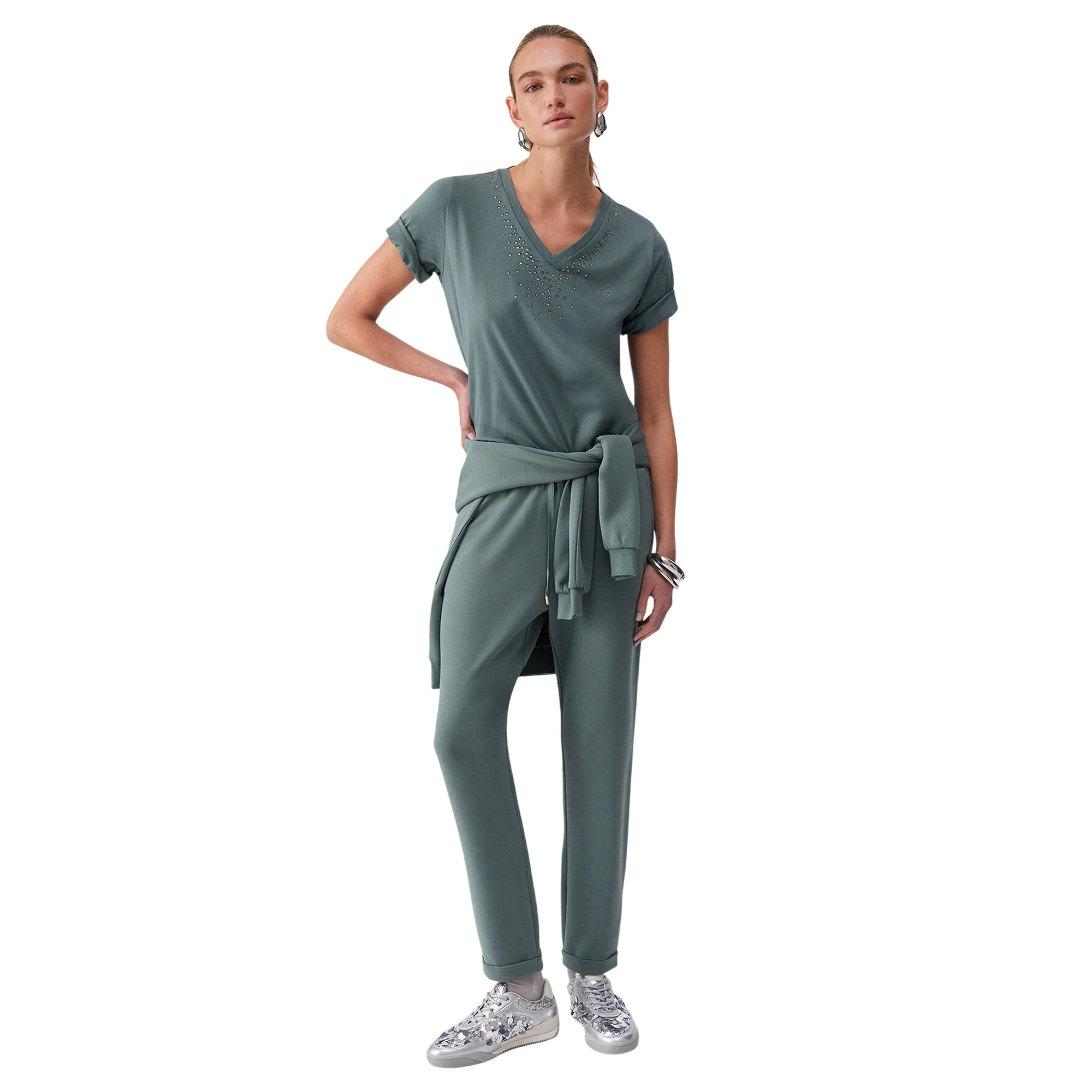 T-shirt verde militare scollo a V con strass - Image 7