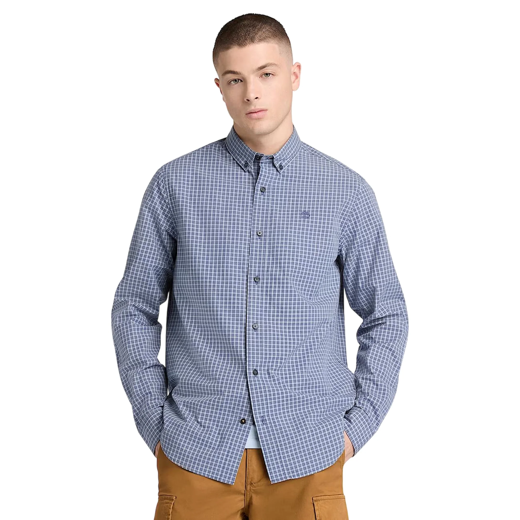 Camicia in cotone a micro quadri da uomo in blu chiaro - Image 3