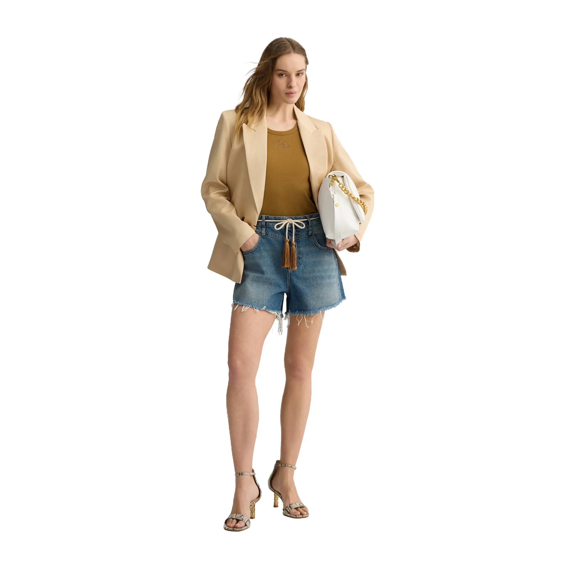 Shorts Donna in denim con cinta con nappine - Image 5