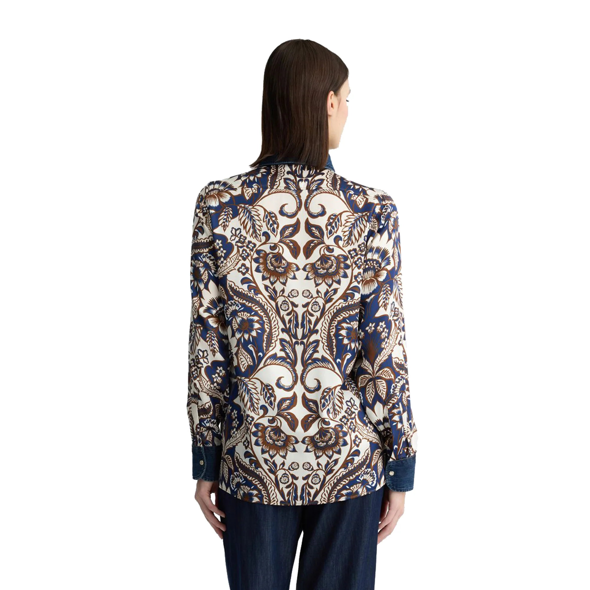 Camicia Donna in raso stampato con inserti denim - Image 3