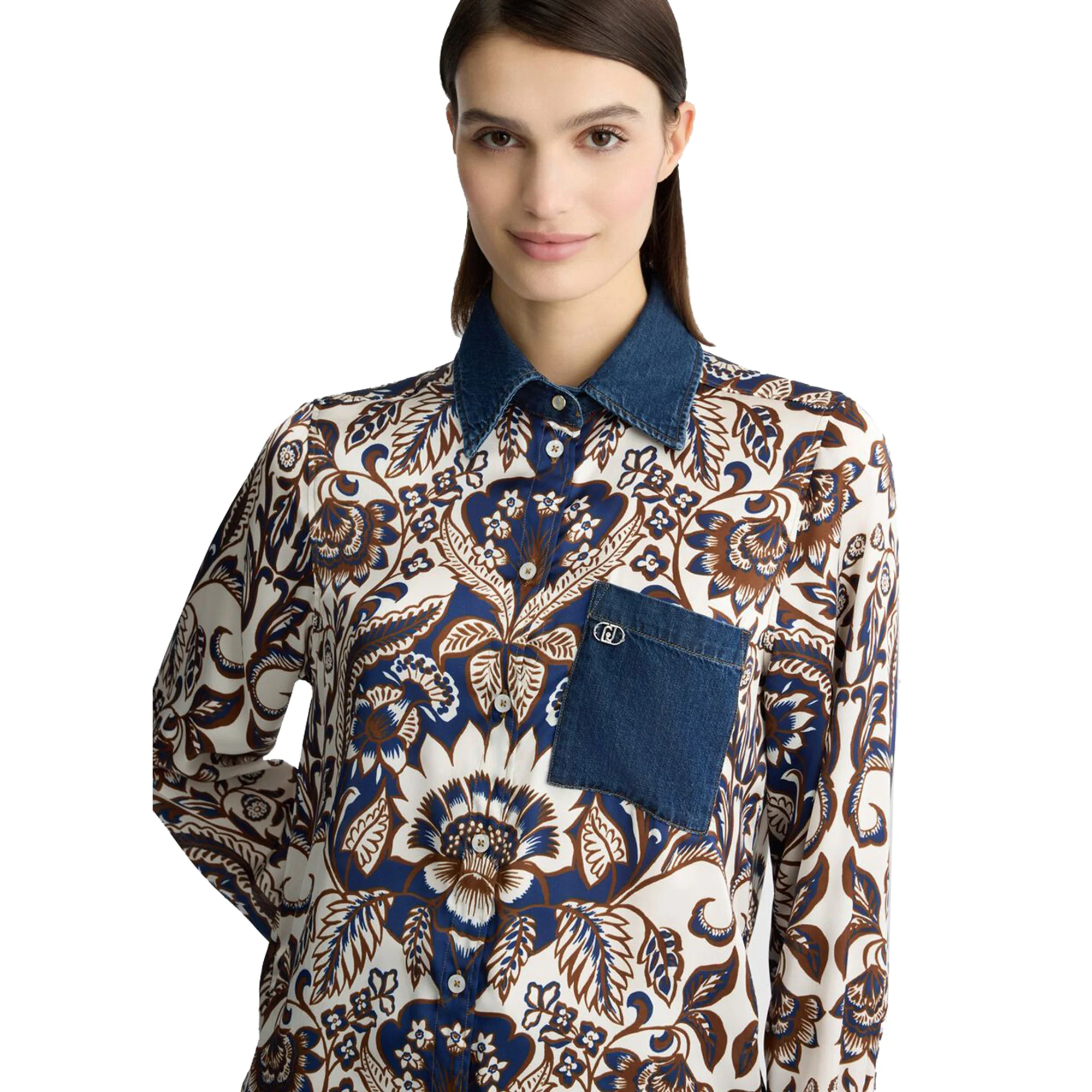 Camicia Donna in raso stampato con inserti denim - Image 4