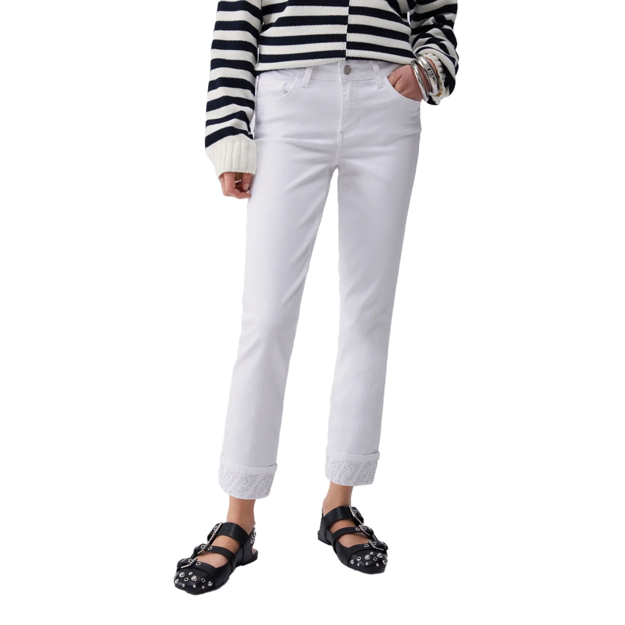 Pantaloni skinny Donna con risvolto e strass Bianco - Image 2
