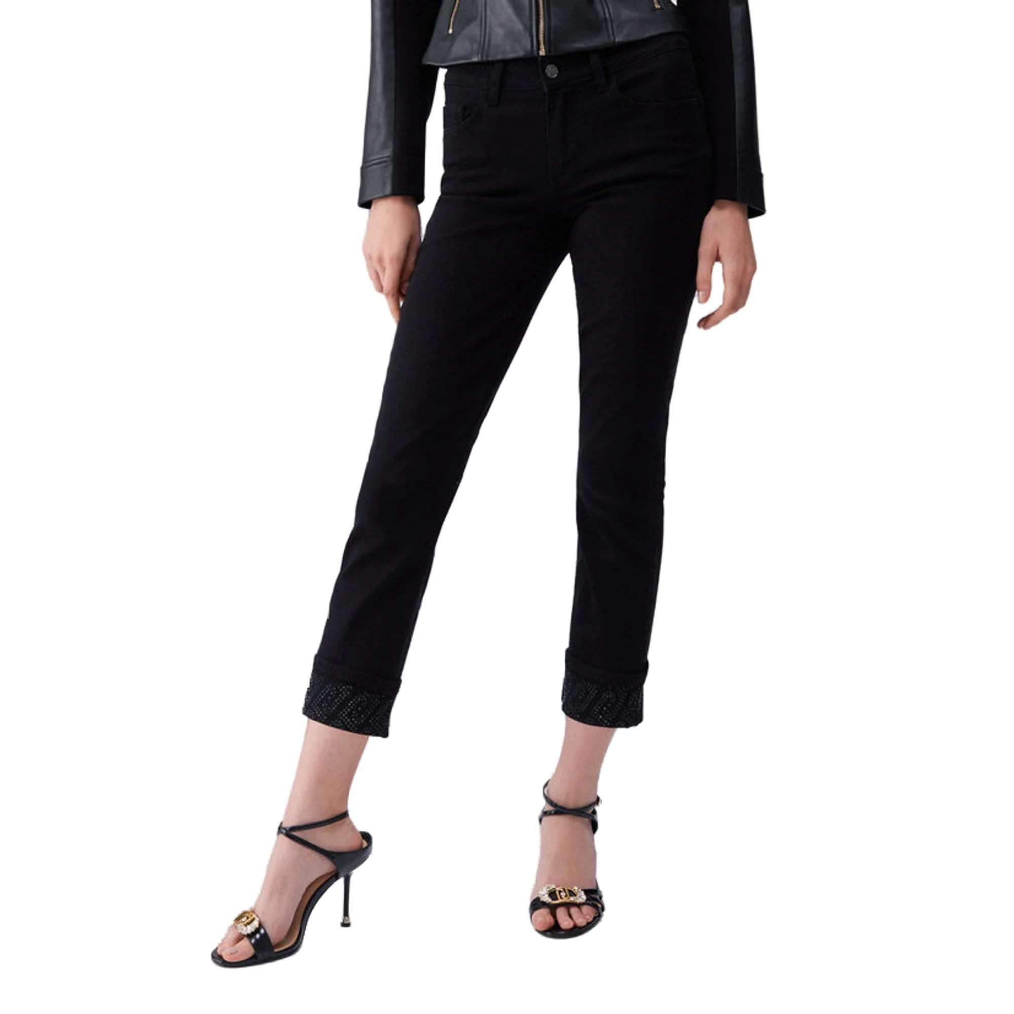 Pantaloni skinny Donna con risvolto e strass Nero - Image 2