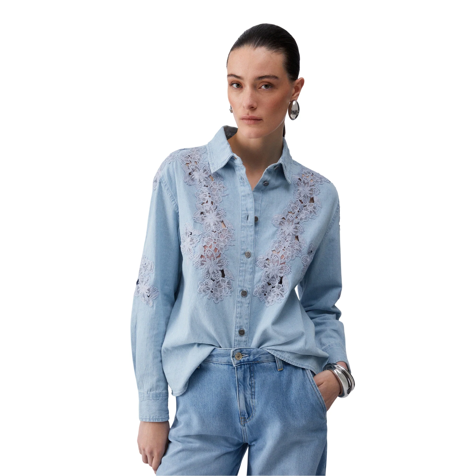 Camicia Donna in denim con dettagli in pizzo - Image 2