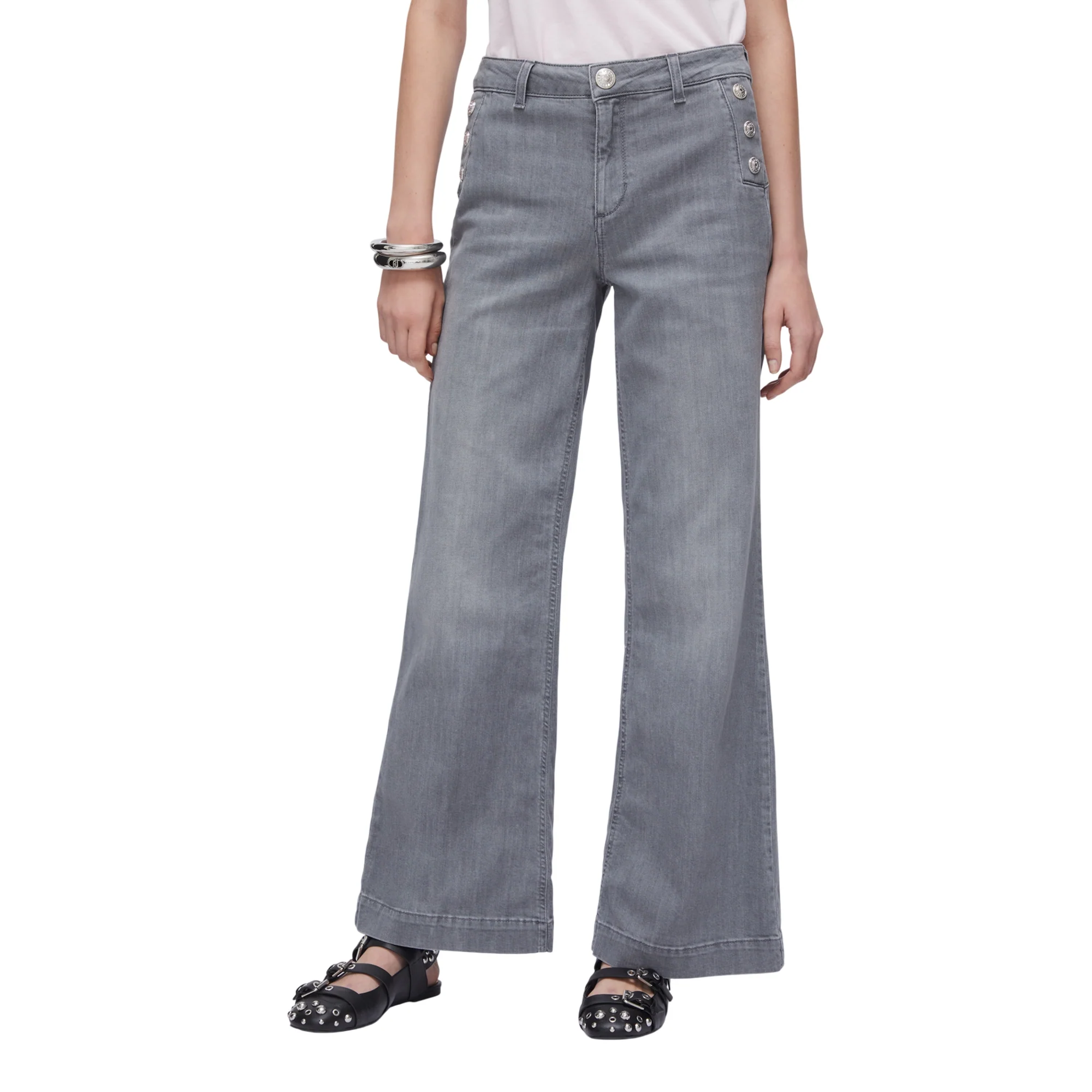 Jeans Donna in denim grigio con bottoni - Image 2
