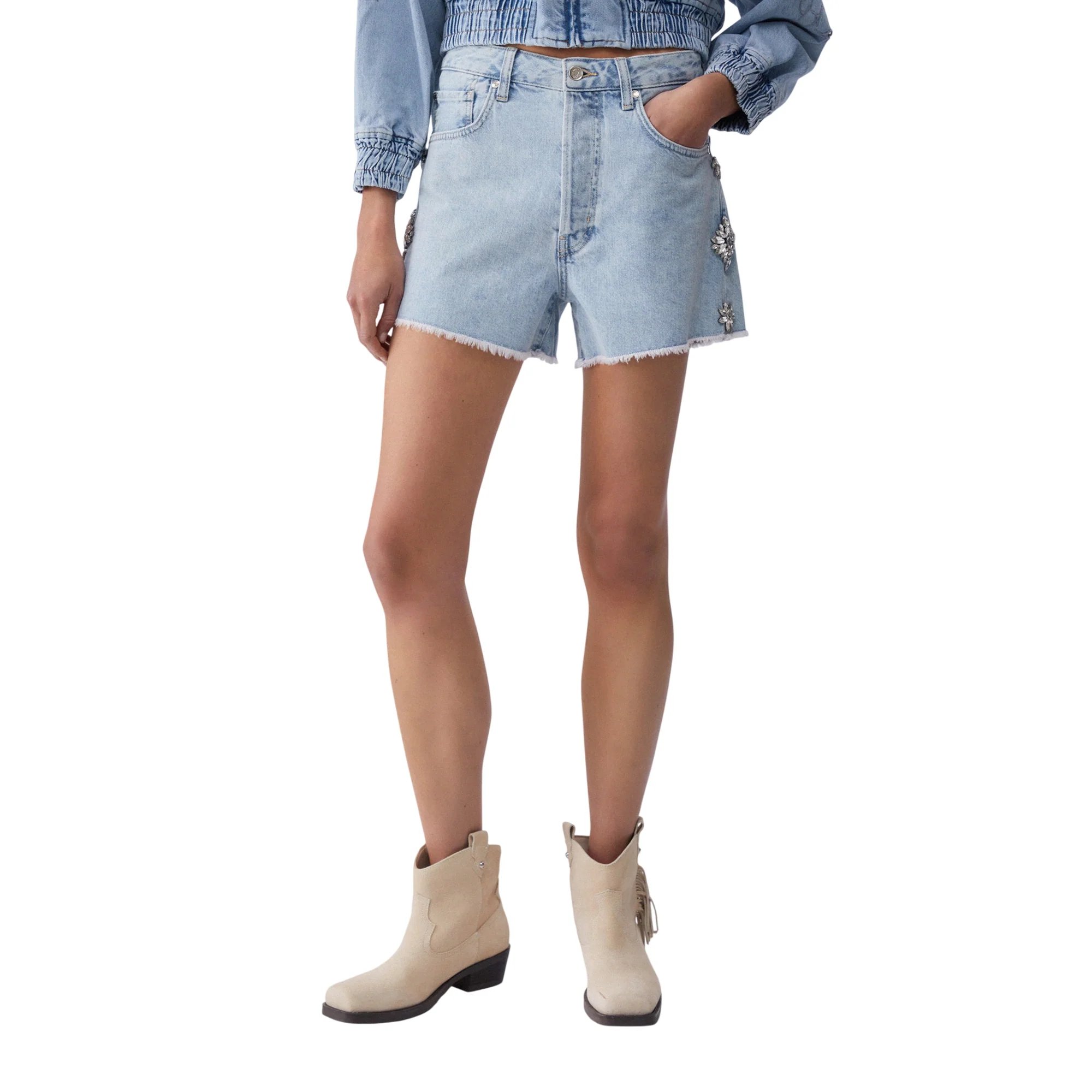 Shorts Donna in denim con gioielli laterali - Image 2