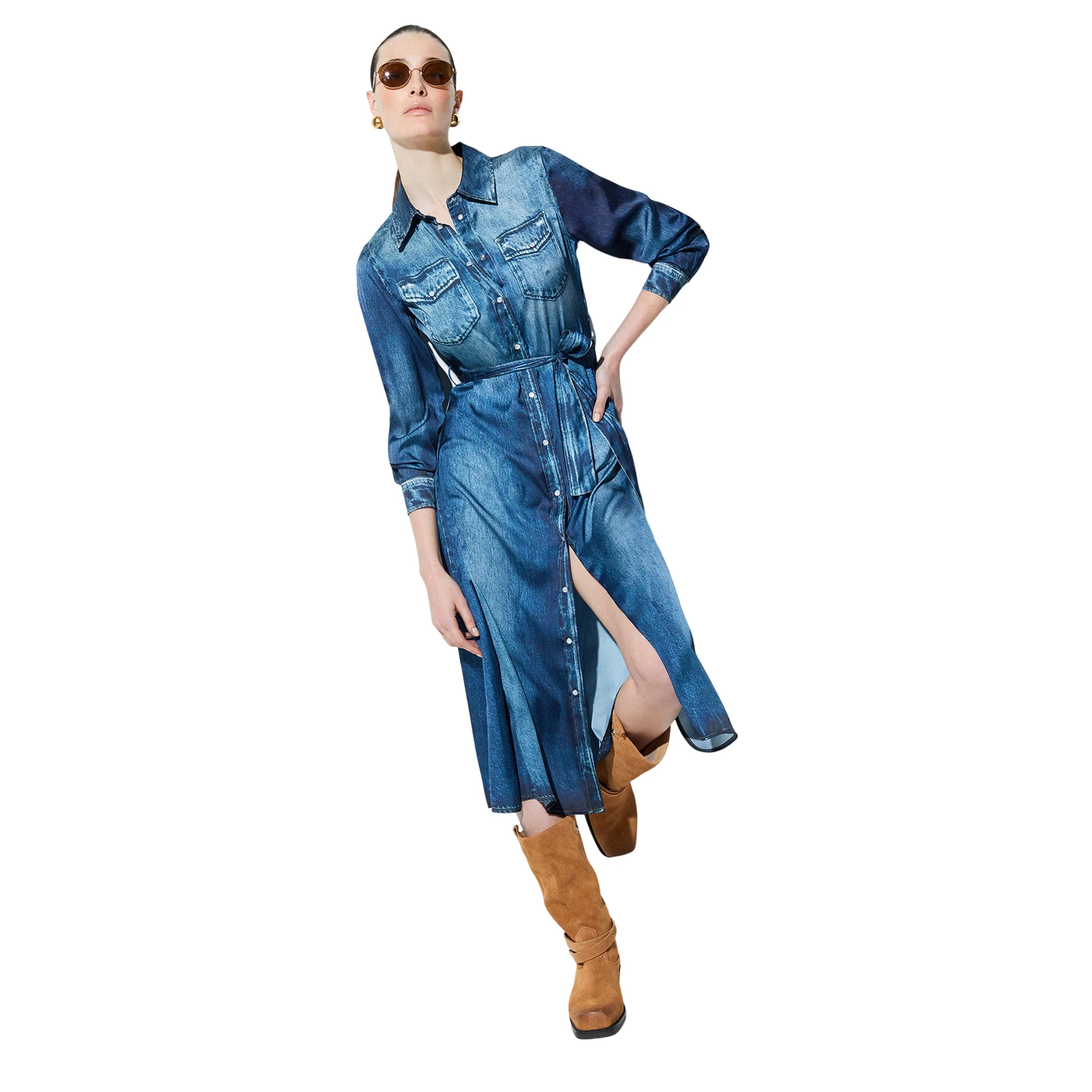 Abito lungo Donna effetto denim con cintura - Image 4