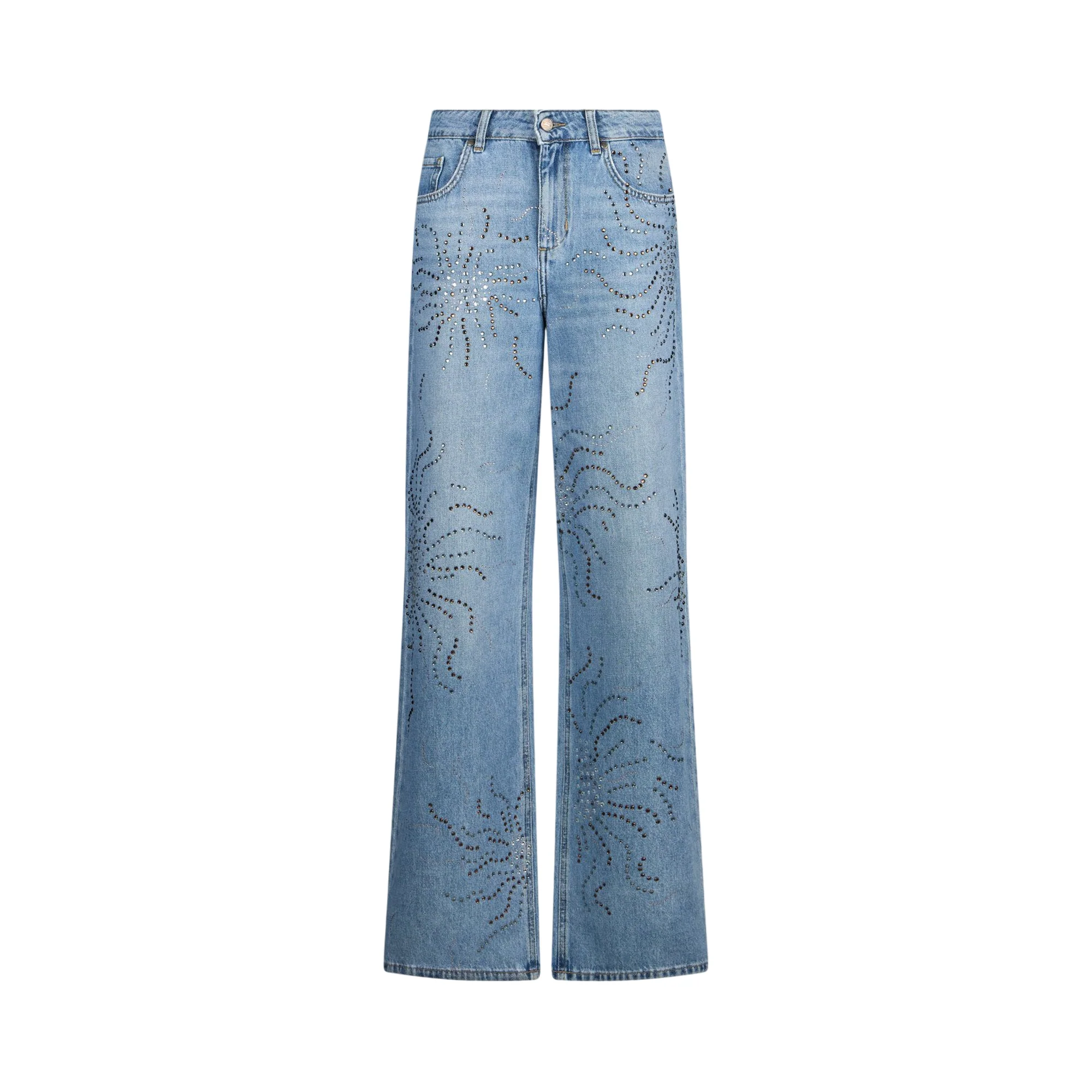 Jeans straight denim con strass in blu chiaro