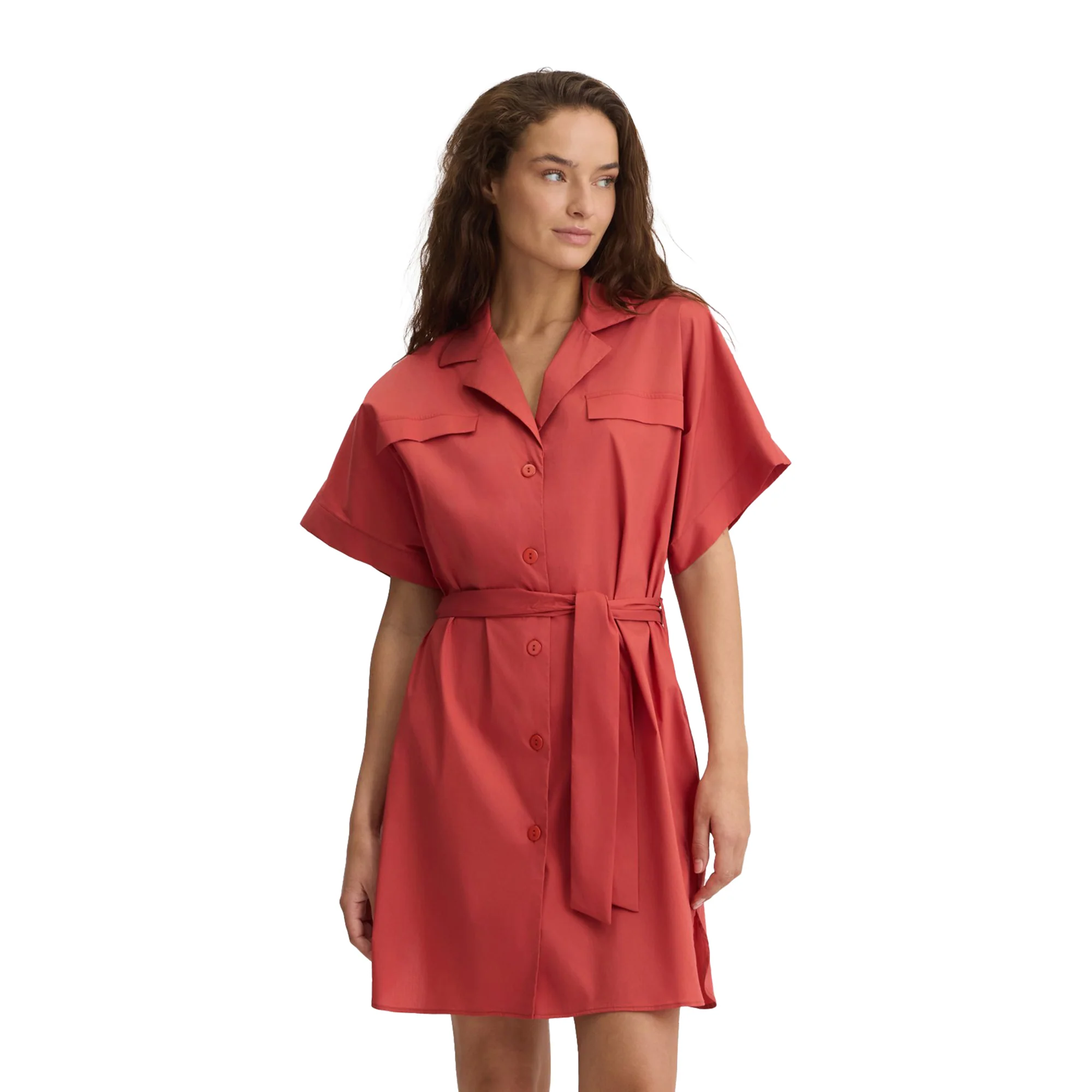 Abito corto chemisier da donna in cotone rosso - Image 2
