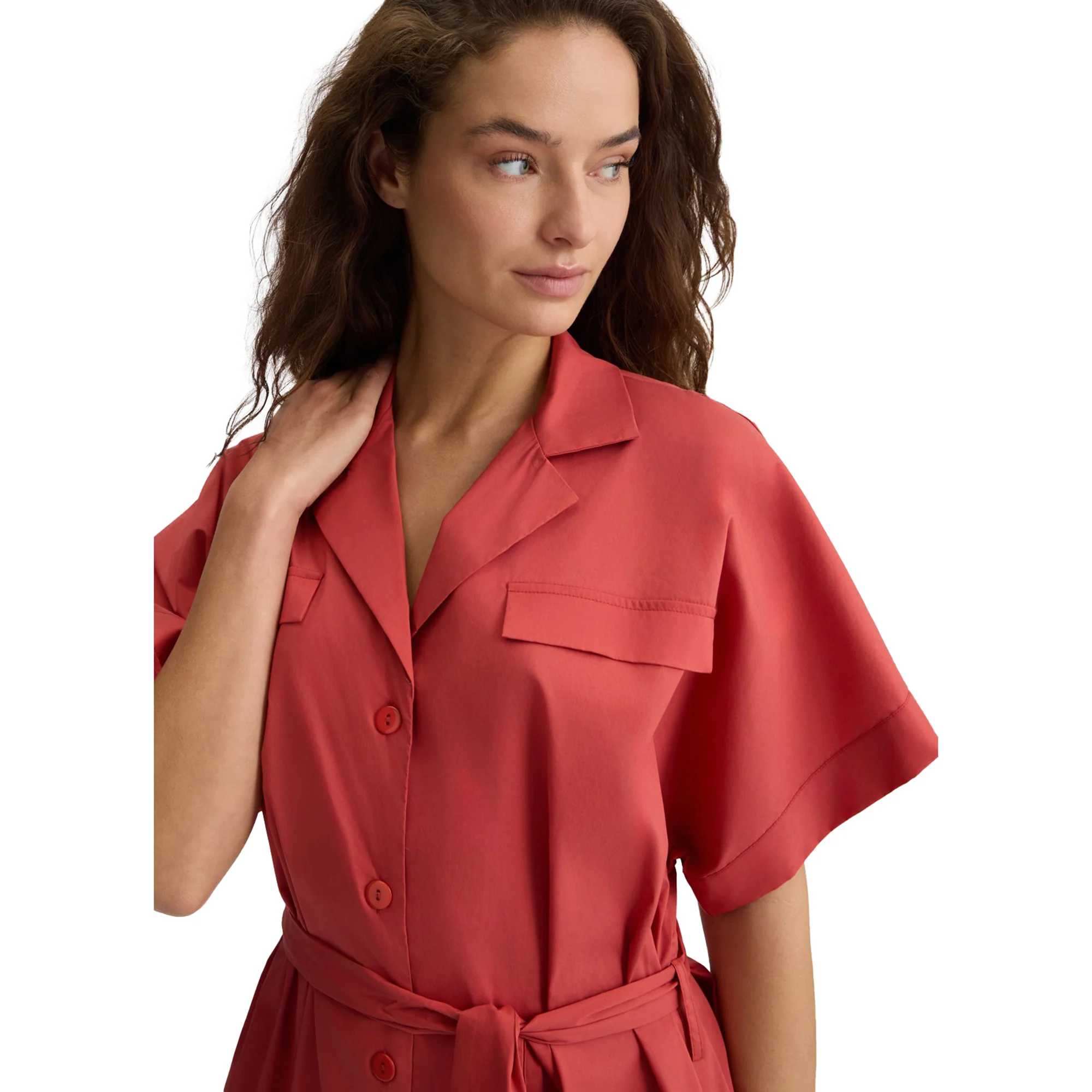 Abito corto chemisier da donna in cotone rosso - Image 4