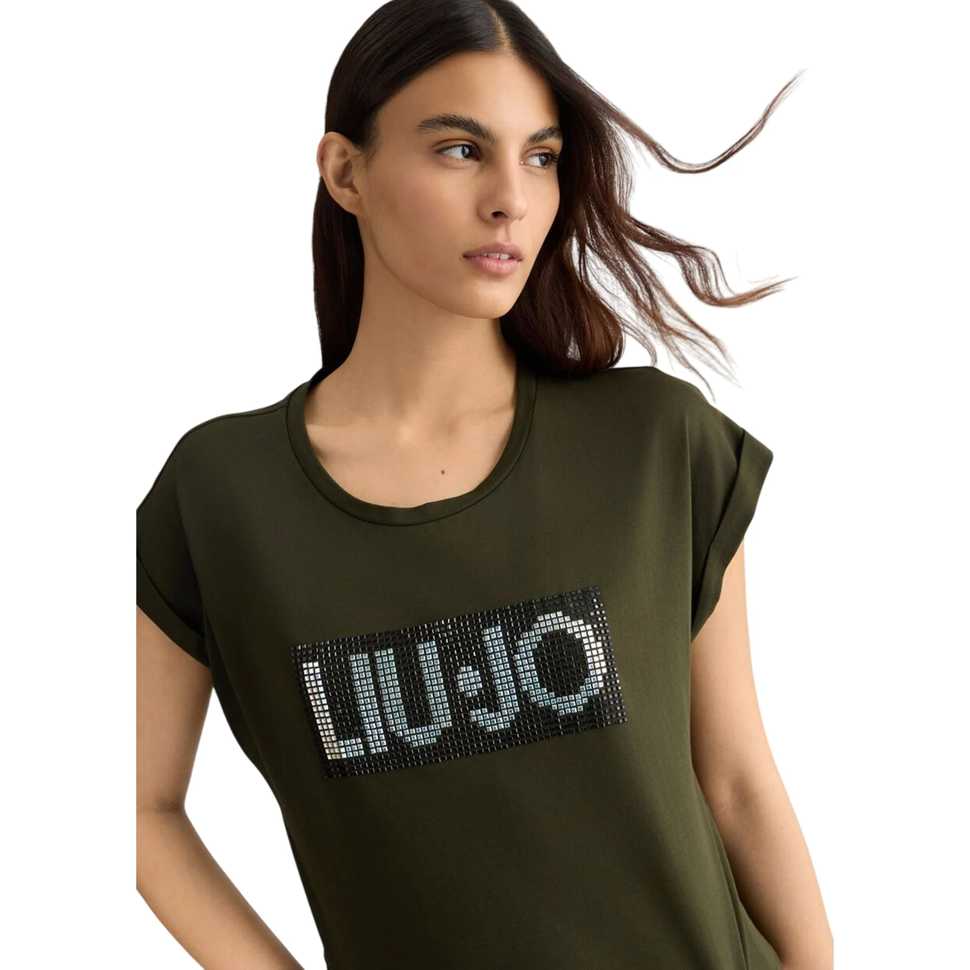 T-shirt verde da donna con logo e strass bicolor - Image 4