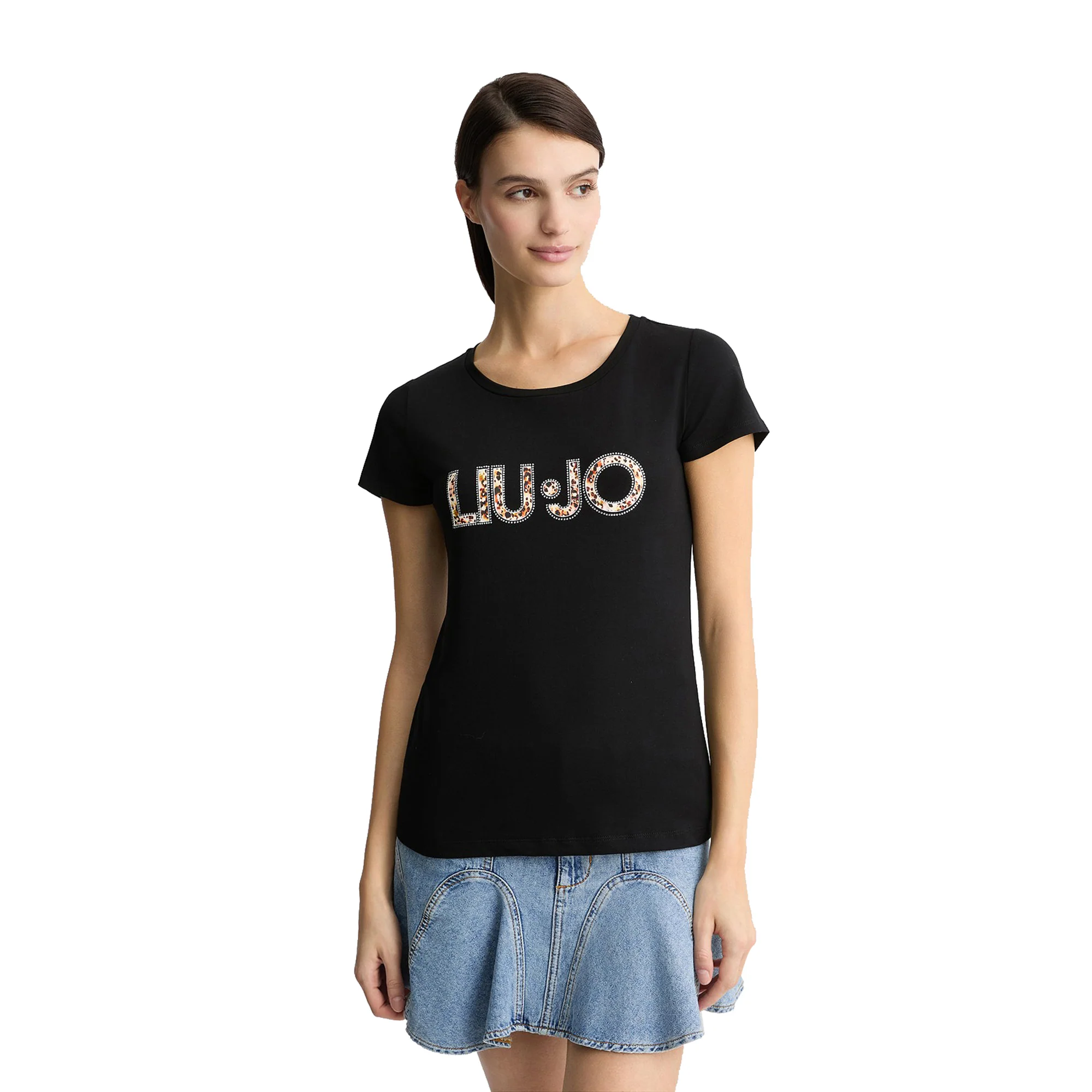 T-shirt nera da donna con logo e strass - Image 2
