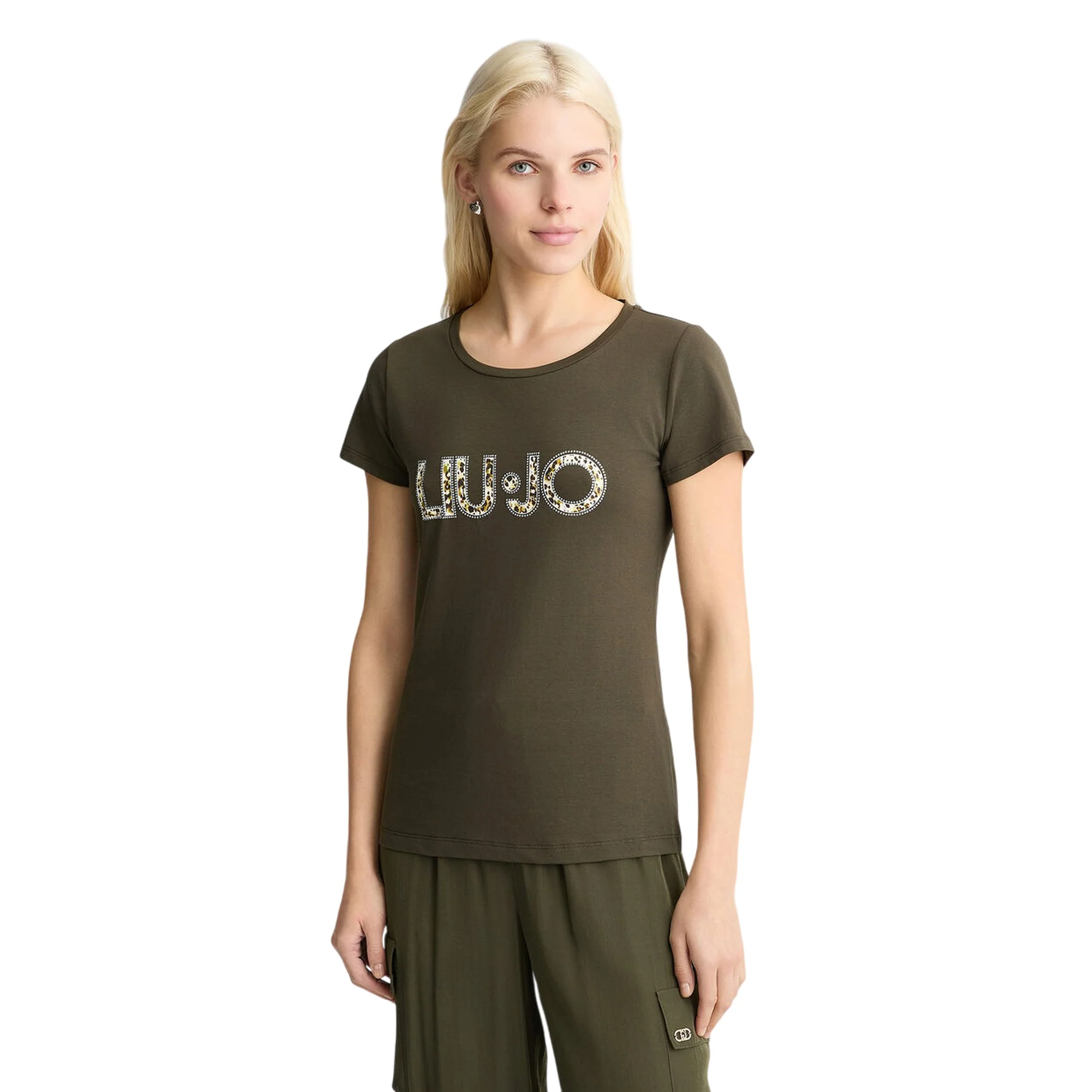 T-shirt verde da donna con logo animalier con strass - Image 2