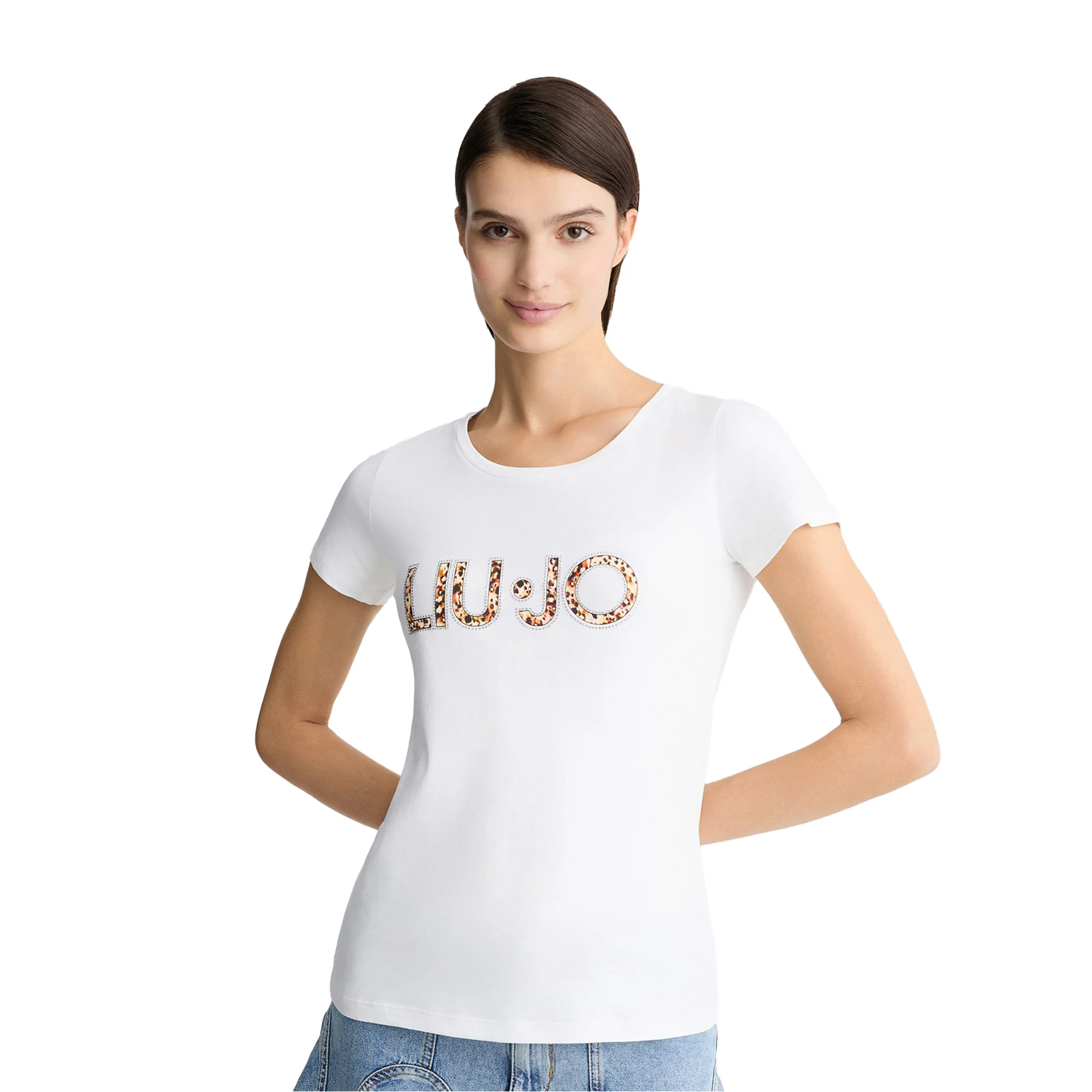 T-shirt bianca da donna con logo e strass - Image 2